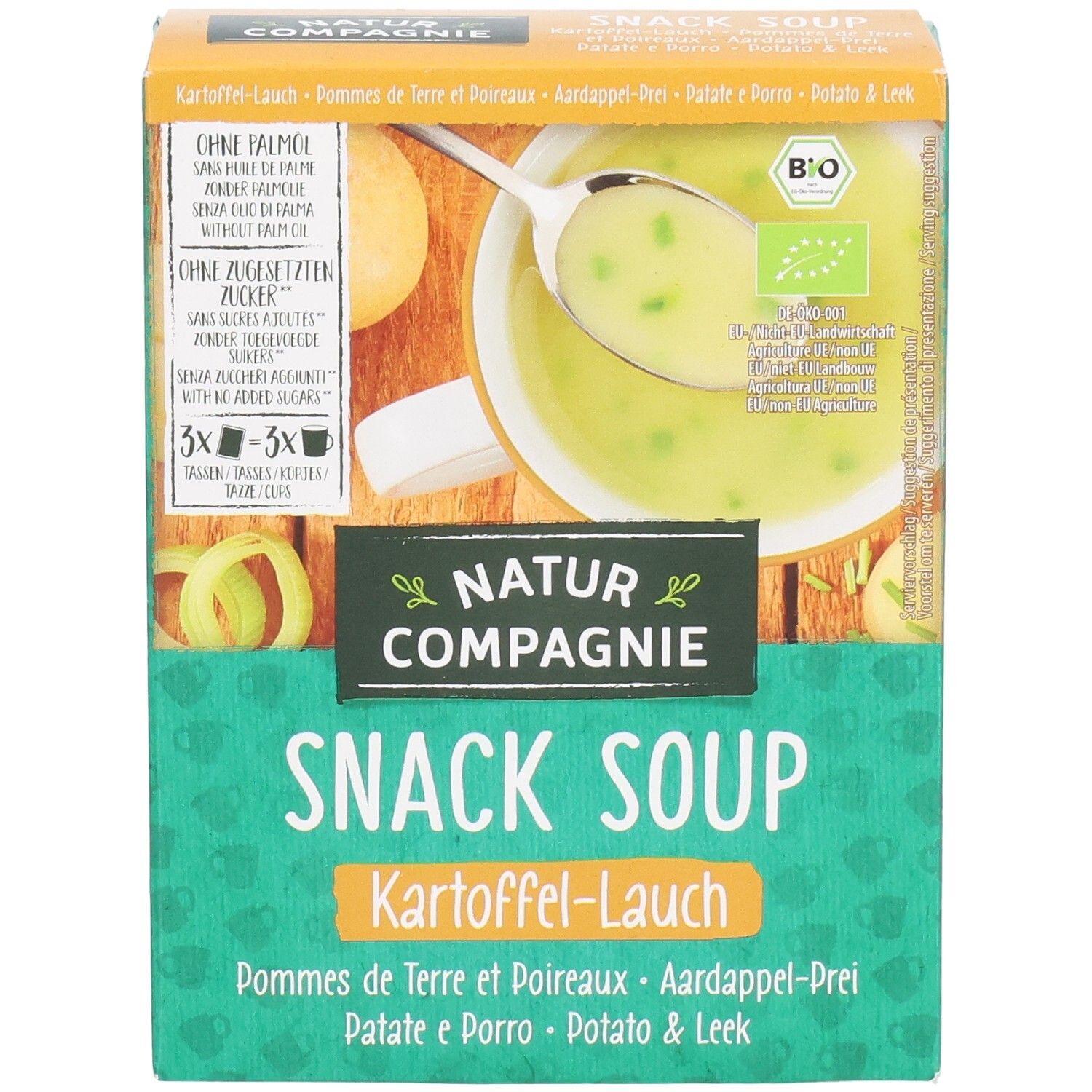 Kartonverpackung Natur Compagnie Snack Soup. Kartoffel-Lauch. Bio-Siegel. Ohne Palmöl. Abbildung einer Suppe mit Löffel. 3x Portionen.