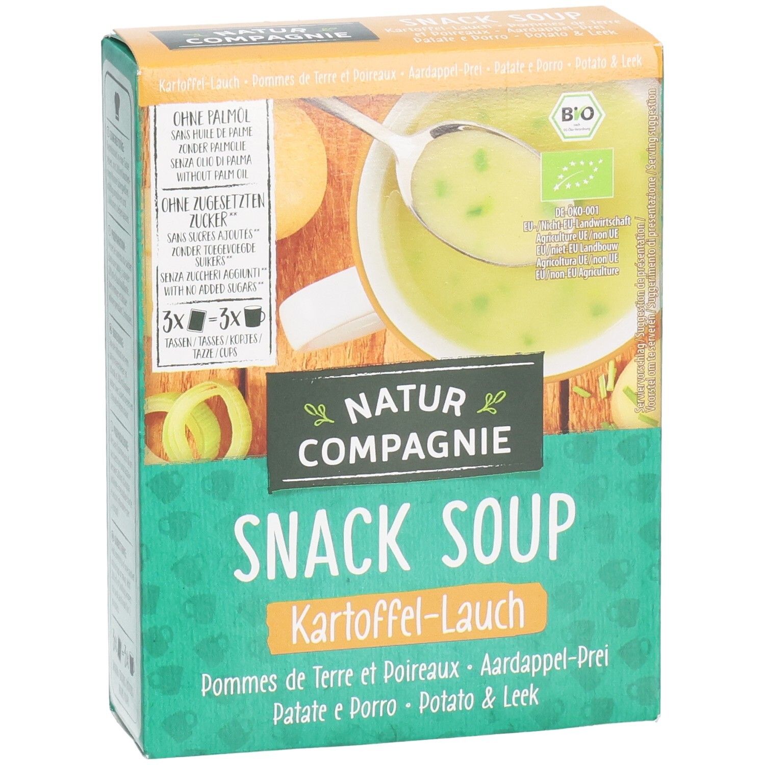 Kartonverpackung Natur Compagnie Snack Soup. Kartoffel-Lauch. Bio-Siegel. Ohne Palmöl. 3x Portionen.