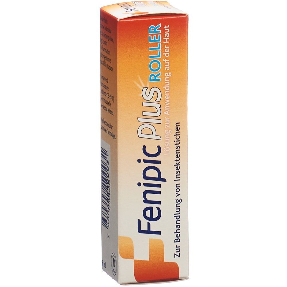 Karton mit Produktnamen FENIPIC Plus ROLLER. Text: Lösung zur Anwendung auf der Haut, zur Behandlung von Insektenstichen. Orange-weiß.