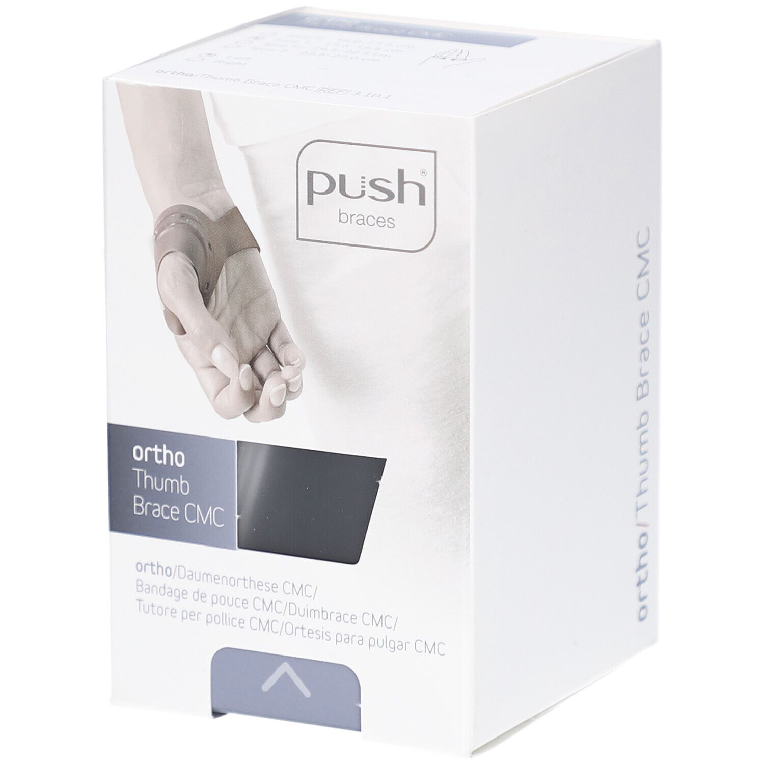 Verpackung mit Push ortho Daumenorthese CMC. Graue Bandage auf weißem Hintergrund. Produktname und Logo sichtbar.