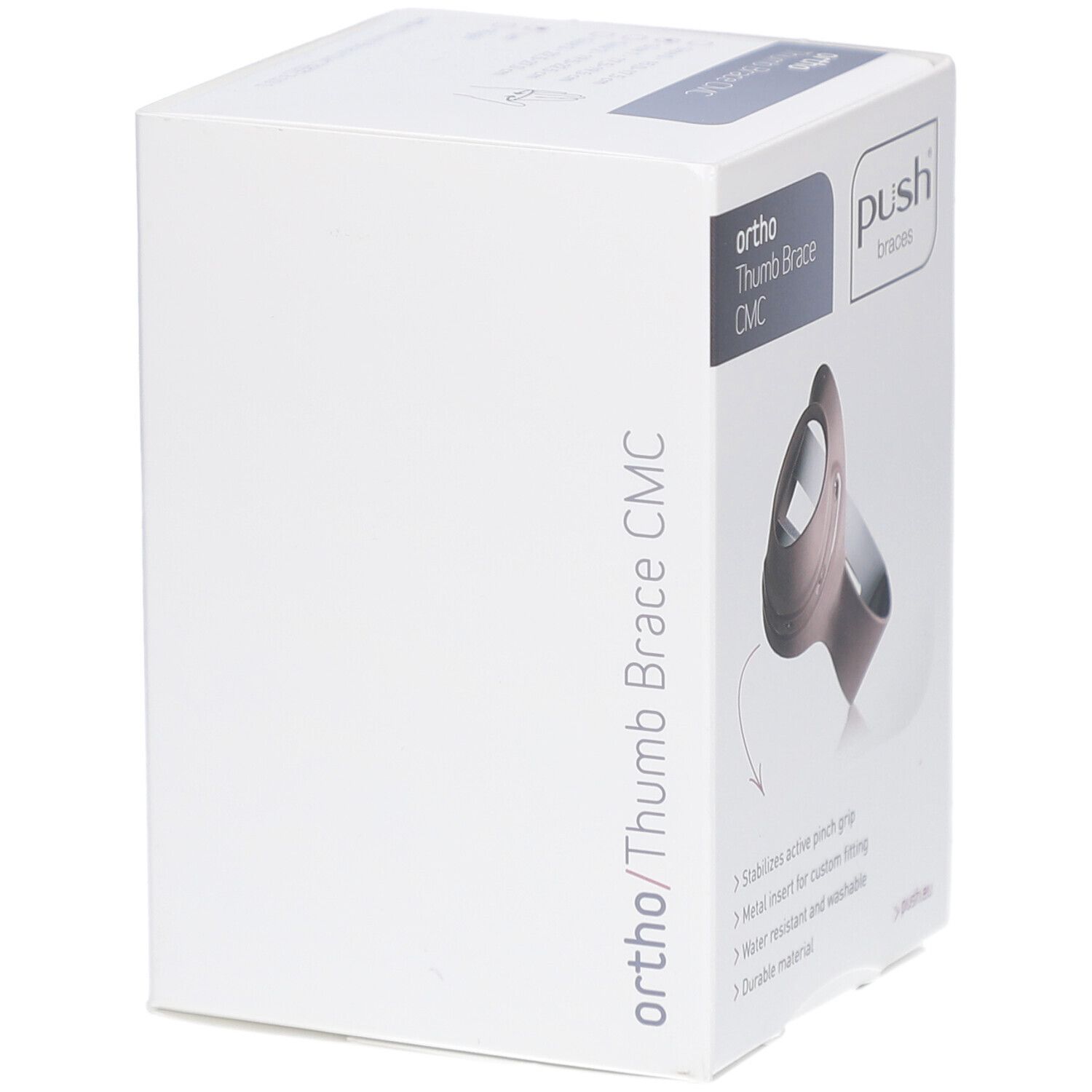 Verpackung Push ortho Daumenorthese CMC. Produktname und Eigenschaften auf der Verpackung. Weißer Hintergrund.