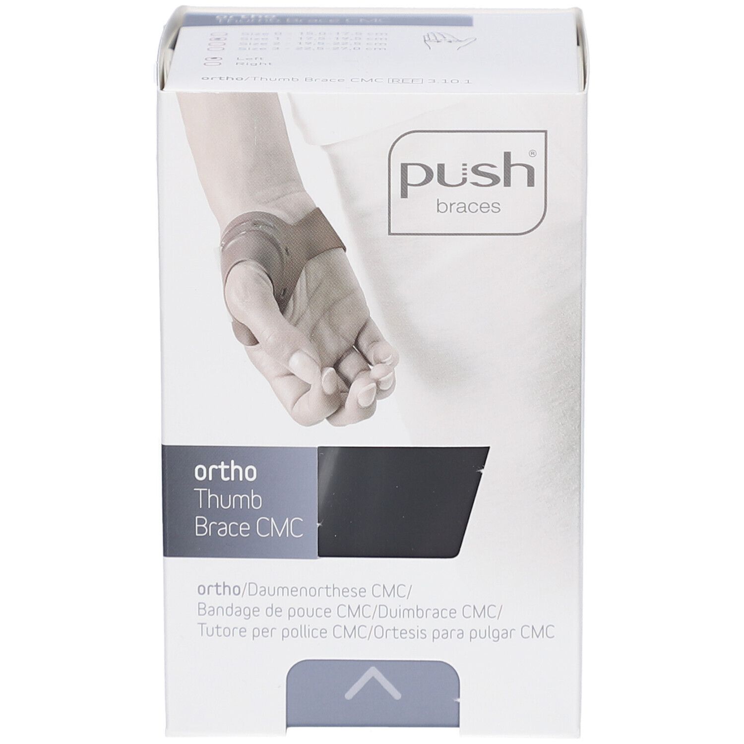 Verpackung Push ortho Daumenorthese CMC. Graue Bandage auf weißem Hintergrund. Produktname und Logo sichtbar.