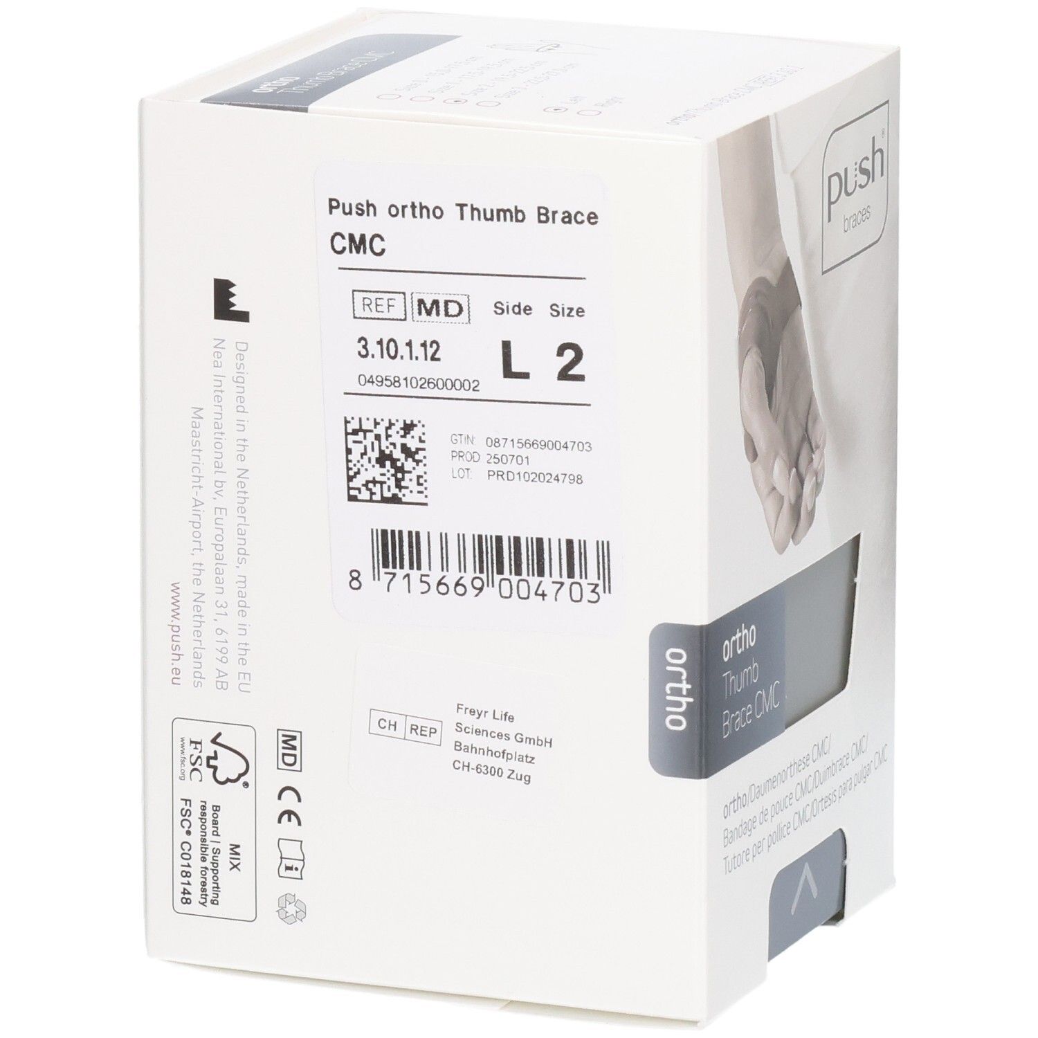 Arrière de l'emballage de l'orthèse de pouce Push ortho CMC avec informations produit et code-barres.