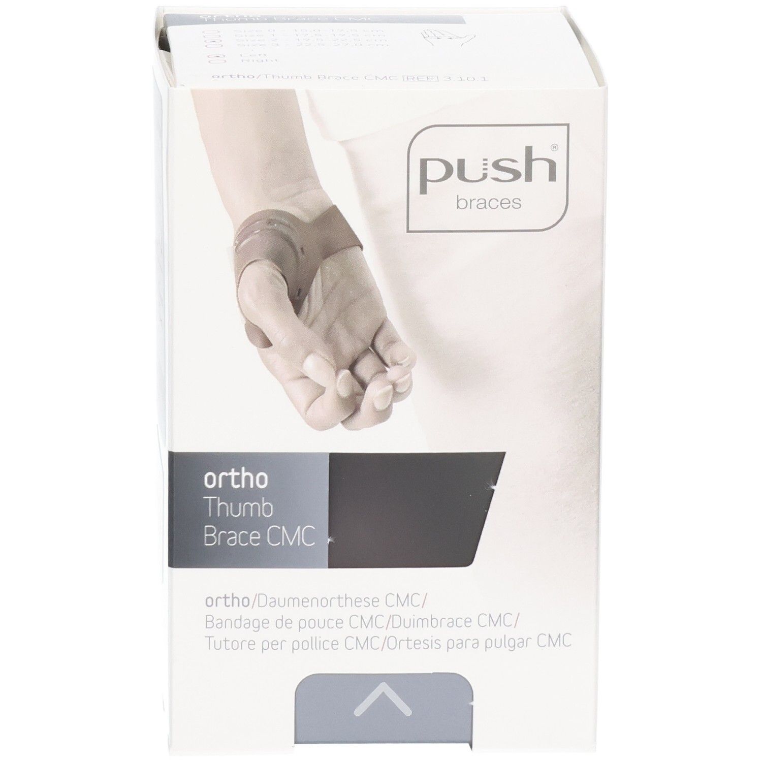 Emballage de l'orthèse de pouce Push ortho CMC avec illustration d'une main et nom du produit.