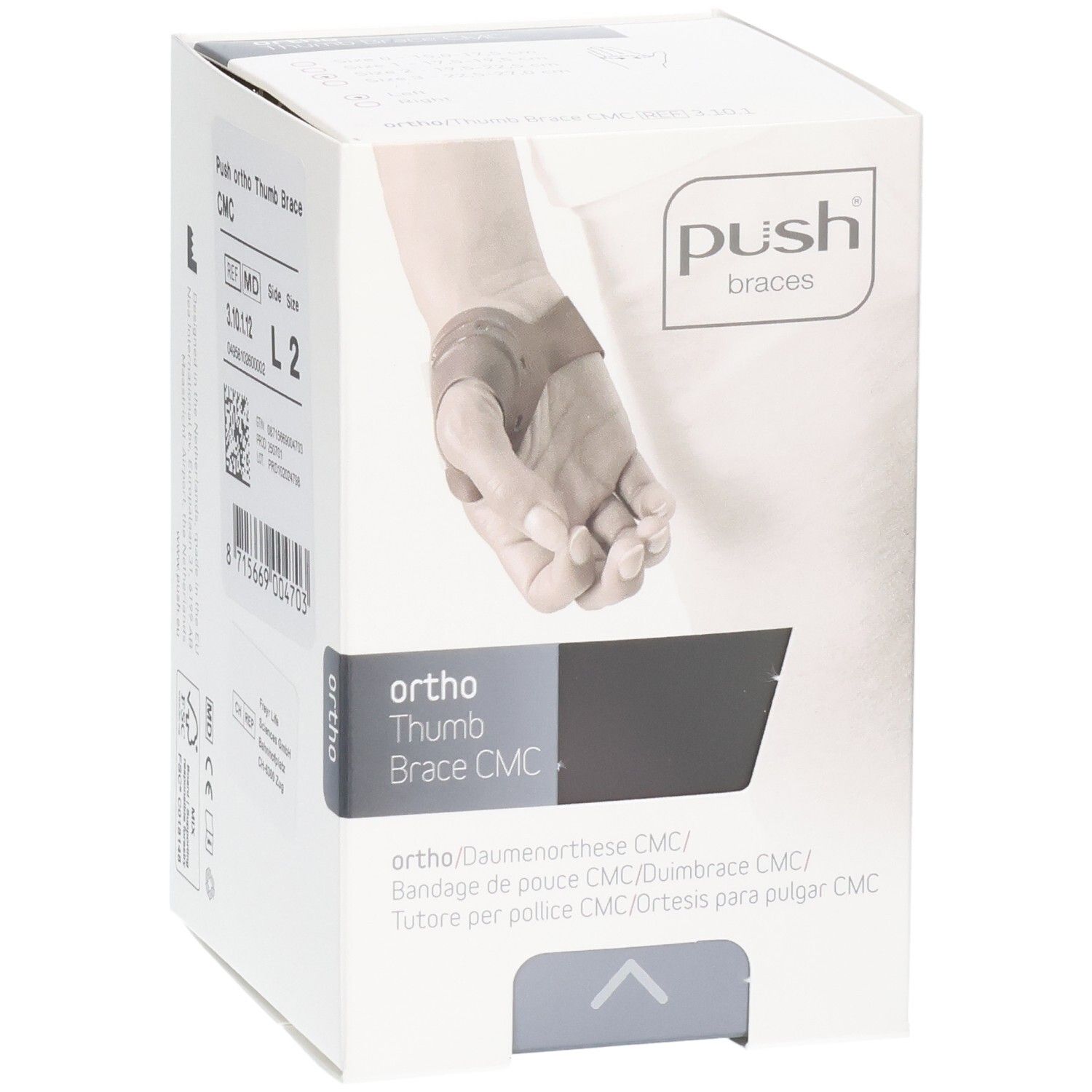 Emballage de l'orthèse de pouce Push ortho CMC avec informations produit et illustration d'une main.