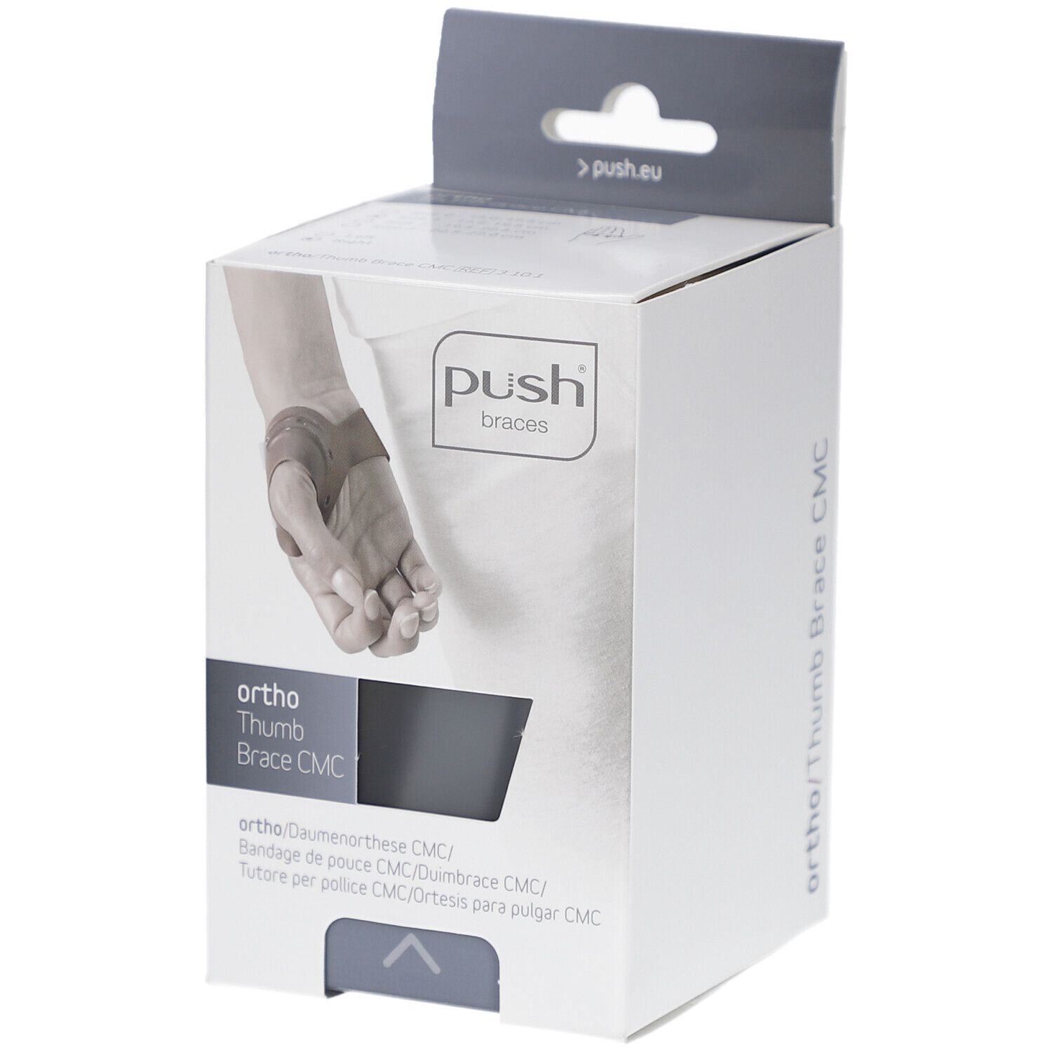 Emballage de l'orthèse de pouce Push ortho CMC. Inscription : ortho, Daumenorthese CMC, Push braces. Illustration d'une main avec l'orthèse.