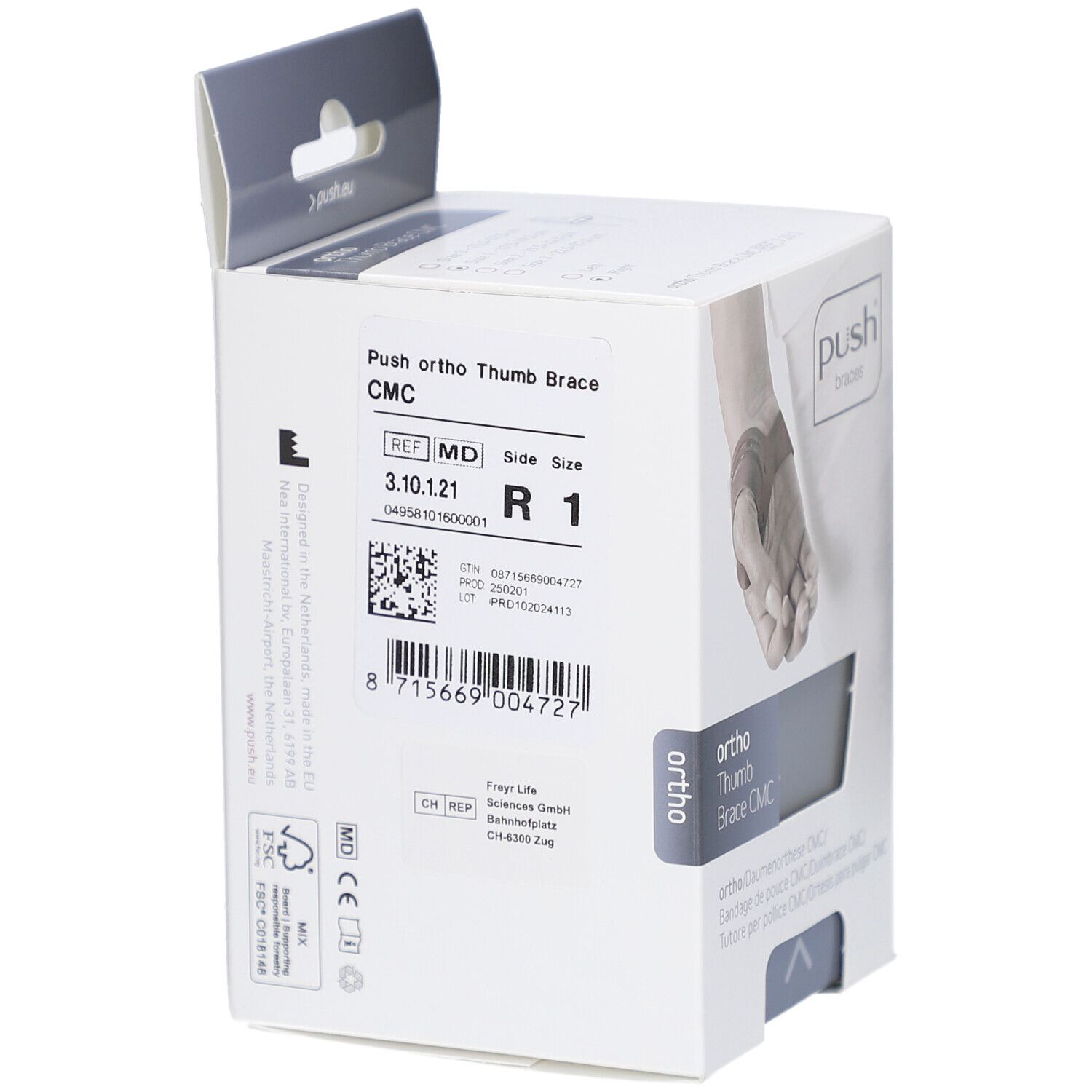 Emballage de l'orthèse de pouce Push ortho CMC. Inscription : Push braces, ortho, Daumenorthese CMC, REF, MD, taille. Code-barres et autres informations.