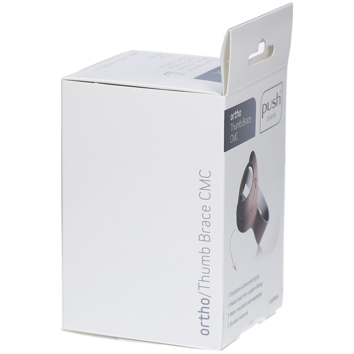 Emballage de l'orthèse de pouce Push ortho CMC. Inscription : ortho, Daumenorthese CMC, Push braces. Emballage vide, partiellement ouvert.