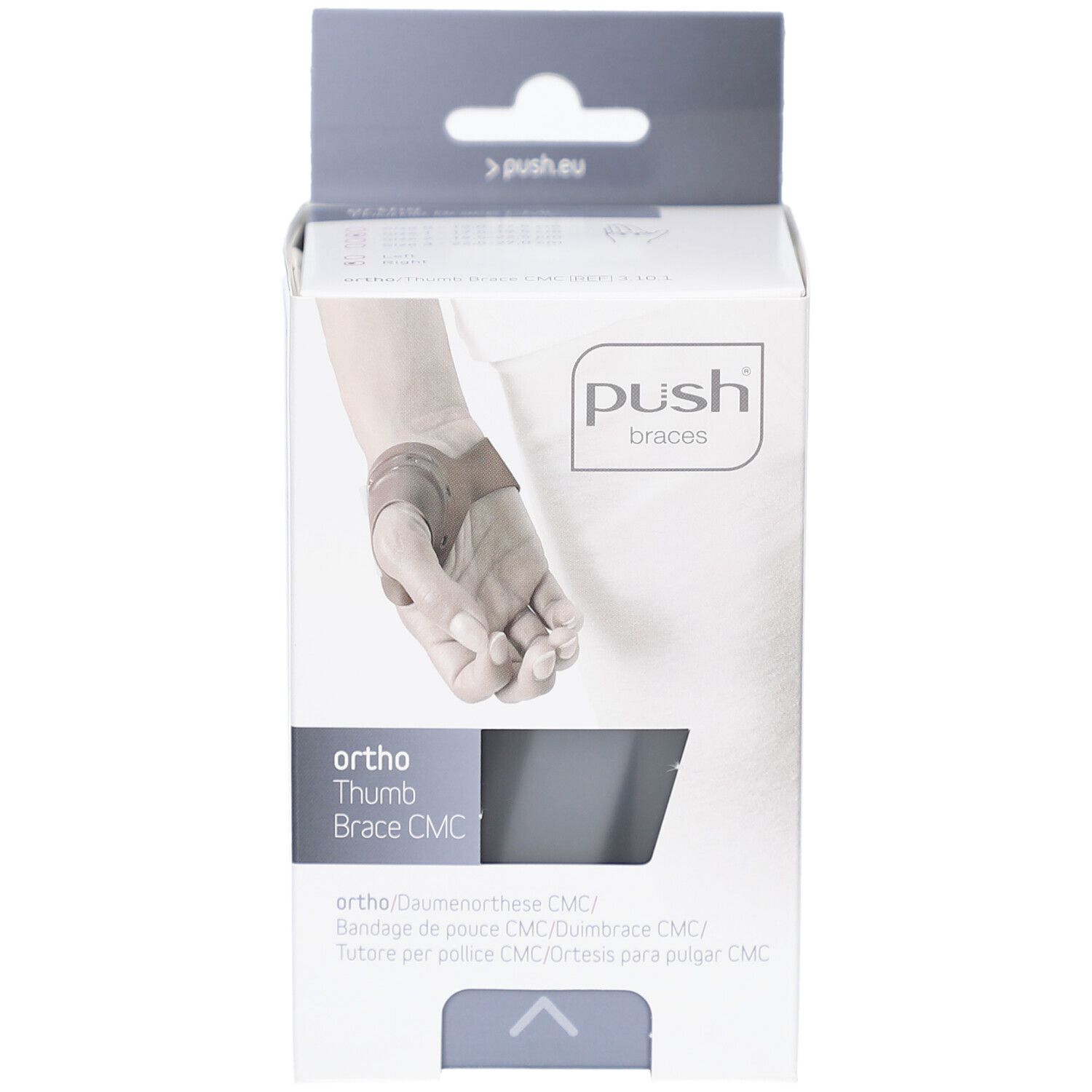 Emballage de l'orthèse de pouce Push ortho CMC. Inscription : ortho, Daumenorthese CMC, Push braces. Illustration d'une main avec l'orthèse.