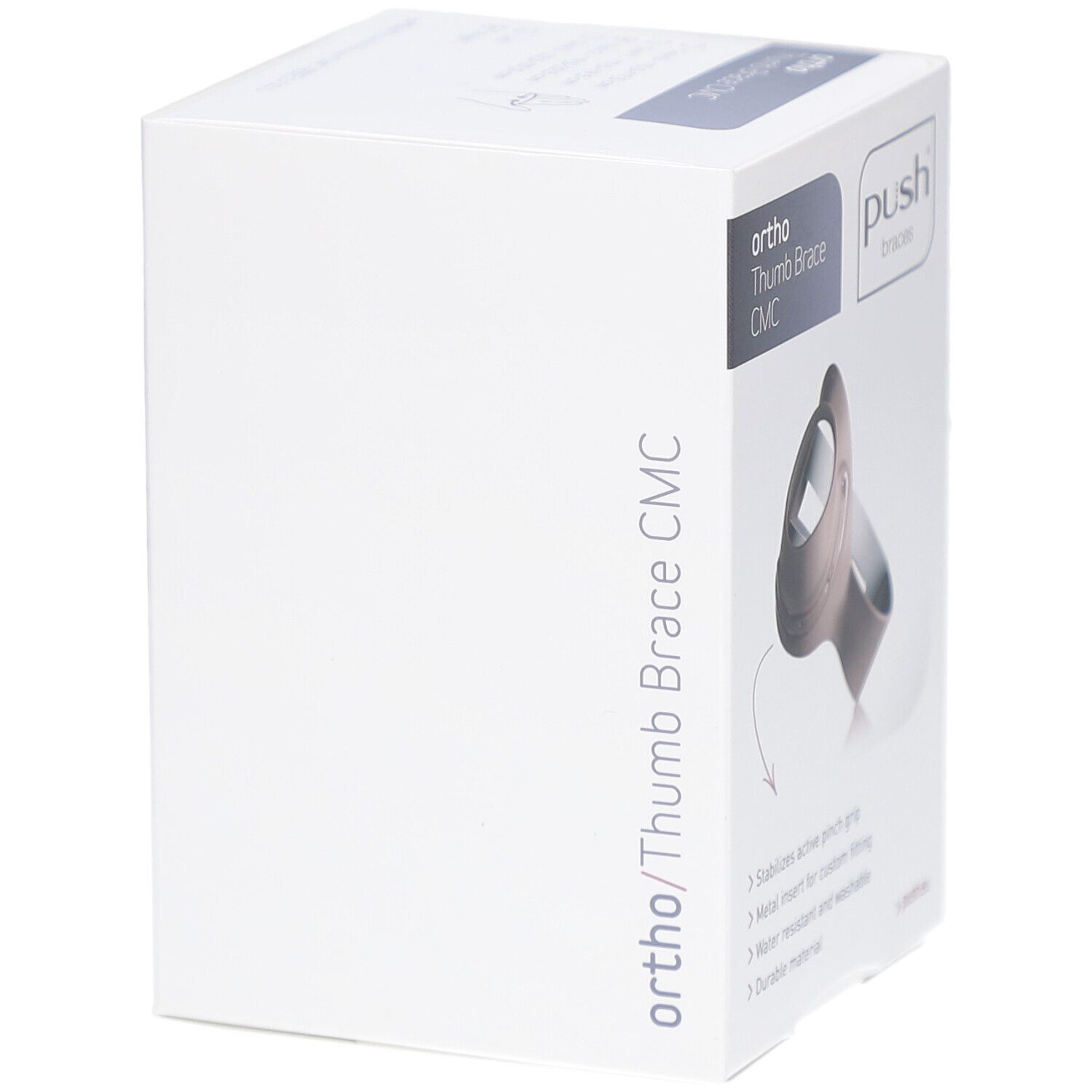 Weißer Karton mit Push braces Logo und Produktabbildung. Aufschrift: Ortho Thumb Brace CMC. Produktmerkmale: aktiver Greifgriff, Metall.