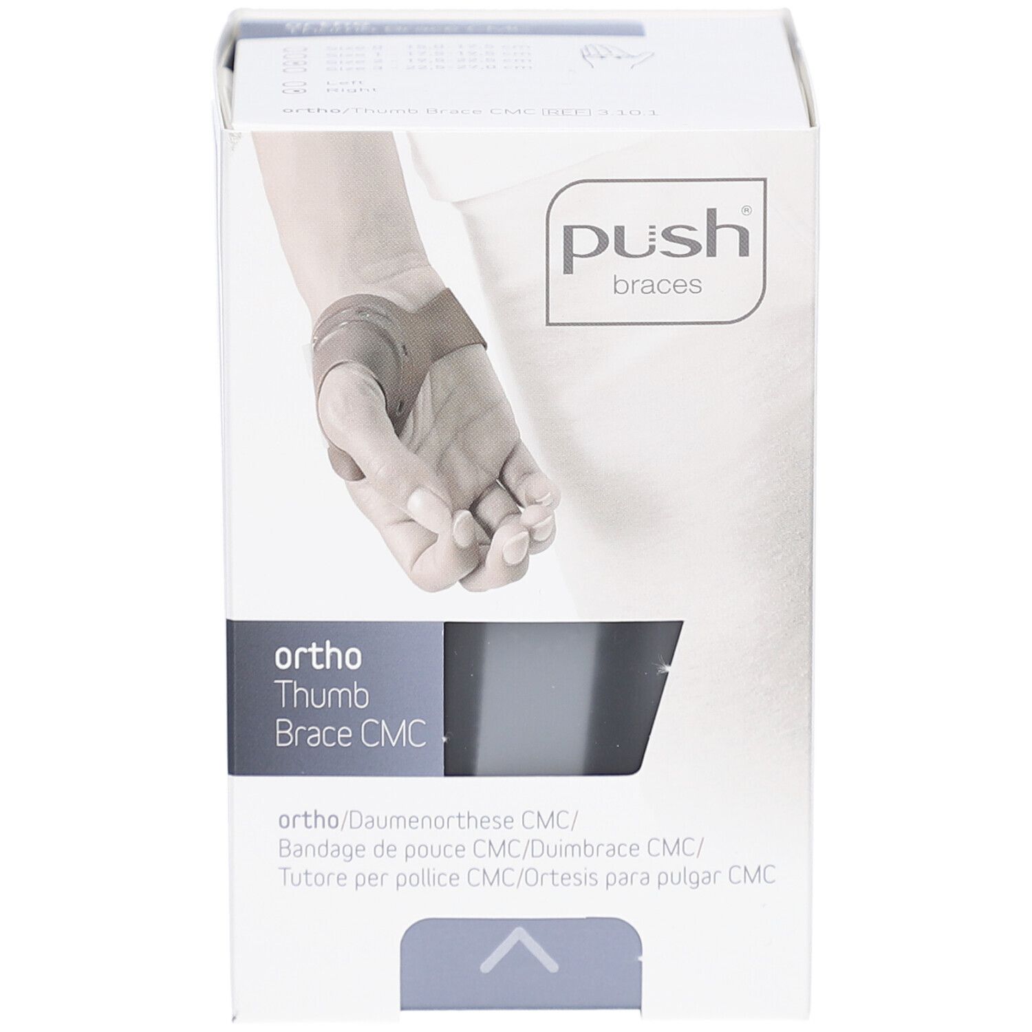 Weißer Karton mit Push braces Logo und Produktabbildung. Aufschrift: Ortho Thumb Brace CMC. Mehrsprachige Produktbezeichnungen.