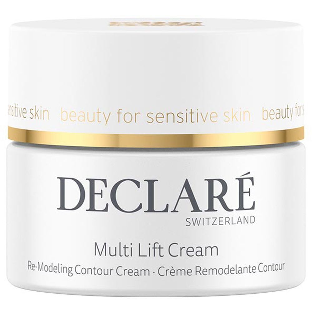 Pot de crème blanc avec couvercle doré. Logo DECLARÉ et nom du produit Multi Lift Cream visibles.