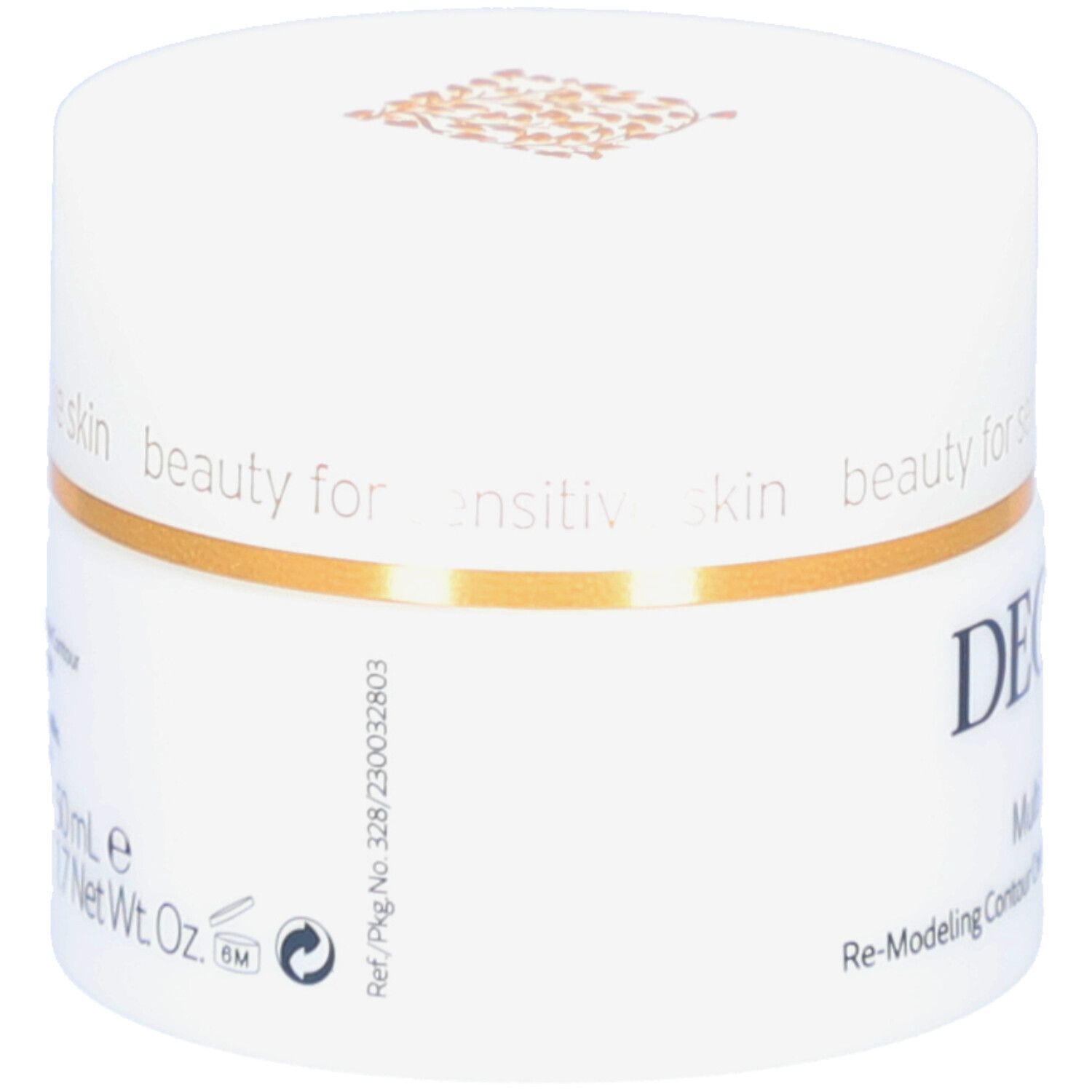 Weißer Tiegel mit goldfarbenem Deckel. Aufschrift DECLARÉ. Produktname: Multi Lift Cream. Text: Re-Modeling Contour Cream. 50ml.