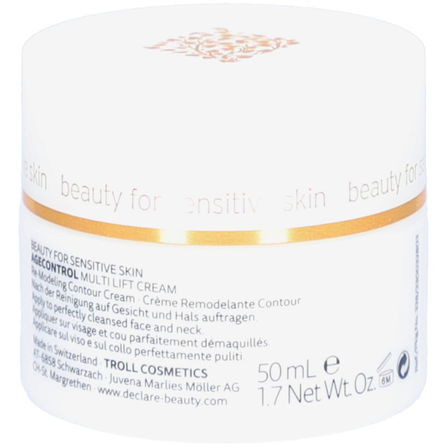 Weißer Tiegel mit goldfarbenem Deckel. Aufschrift DECLARÉ. Produktname: Multi Lift Cream. Text: Re-Modeling Contour Cream. 50ml.