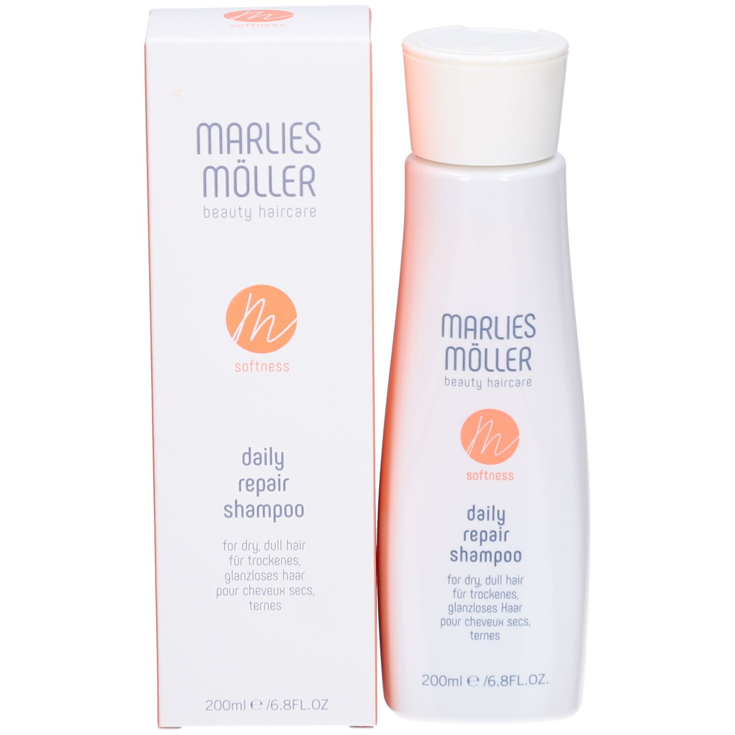 Shampoo-Flasche mit Verpackung. Aufschrift: Marlies Müller, daily repair shampoo. 200ml/6.8FL.OZ.