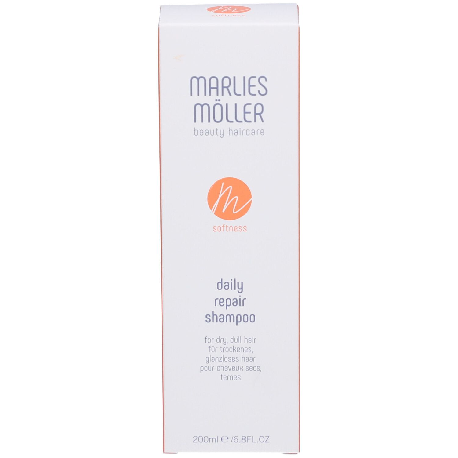 Verpackung des Shampoos. Aufschrift: Marlies Müller, daily repair shampoo. 200ml/6.8FL.OZ.