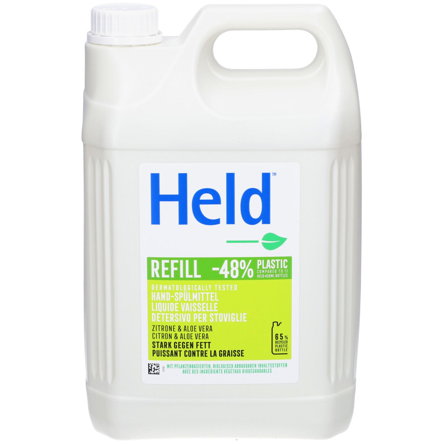 Bidon blanc avec anse et logo "Held" bleu. "REFILL" et informations produit sur étiquette verte. Citron et Aloe Vera.