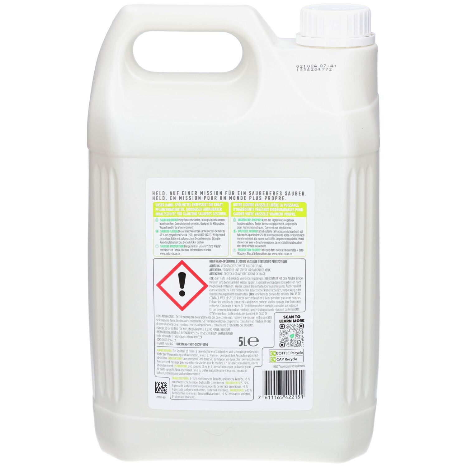 Dos du bidon blanc. Contient du texte, des avertissements et une étiquette 5L. Code QR et logo de recyclage.