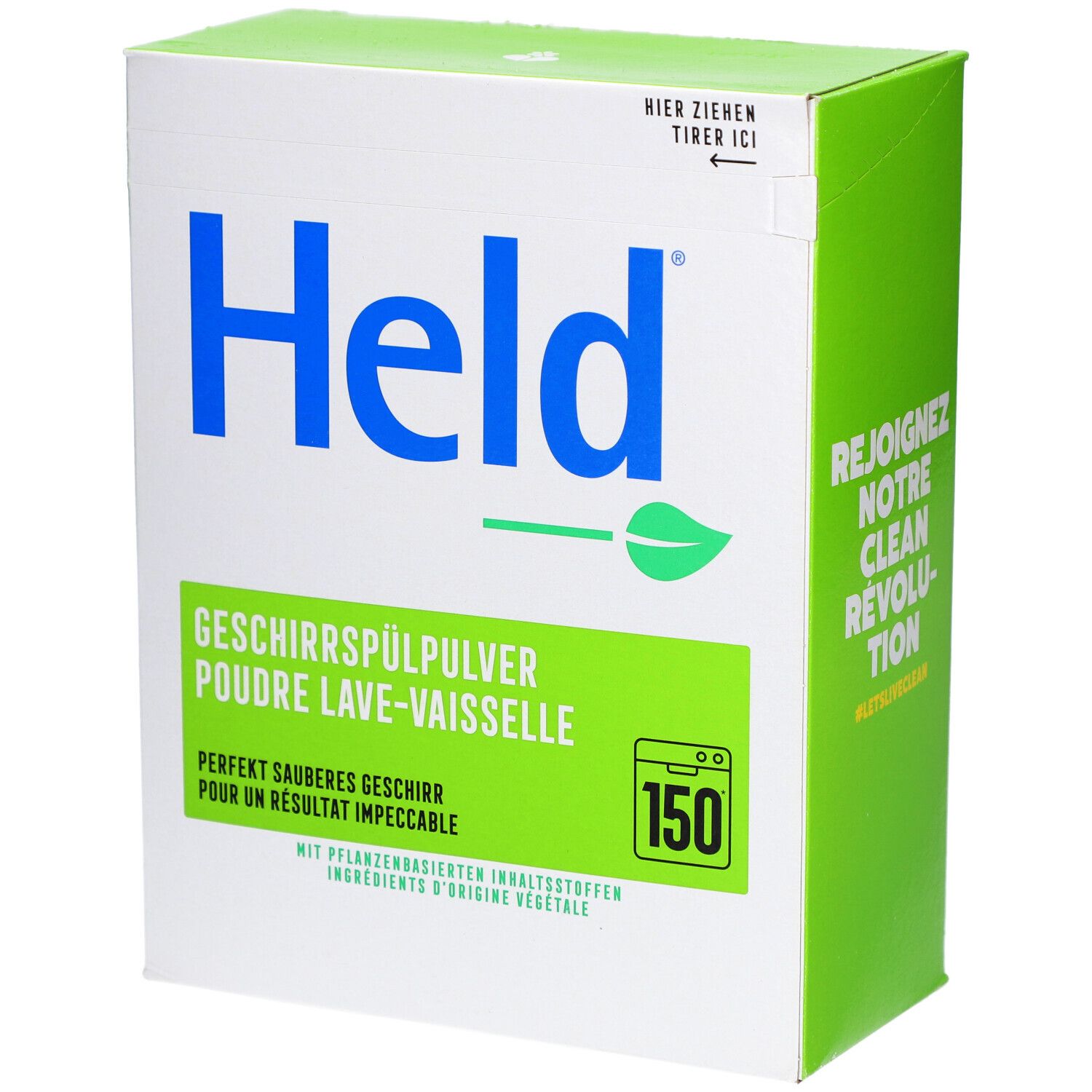 Boîte en carton blanche et verte avec le logo "Held" bleu et "Poudre lave-vaisselle". Contient 150 lavages.