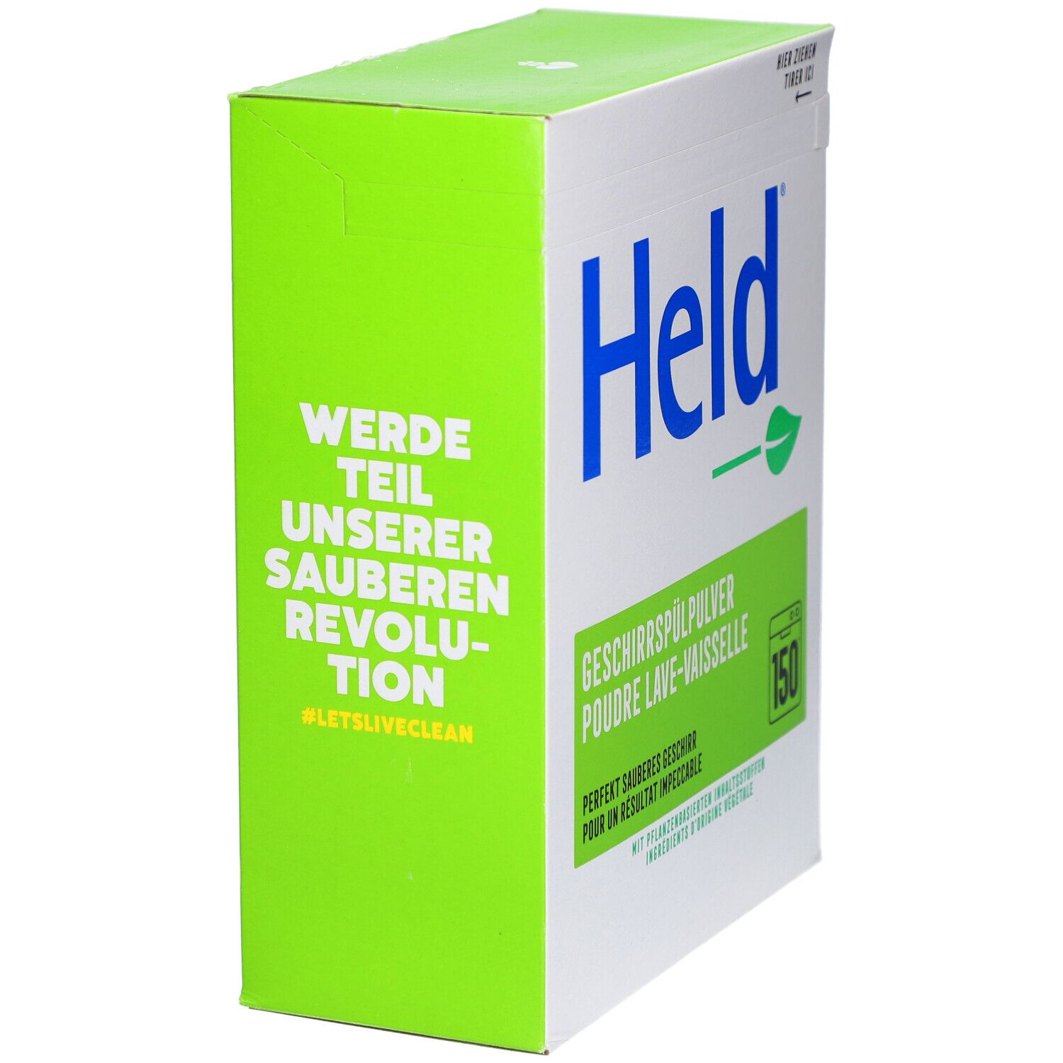 Emballage en carton avec logo "Held" et "Poudre lave-vaisselle". Côté vert avec texte "Rejoignez notre révolution propre".