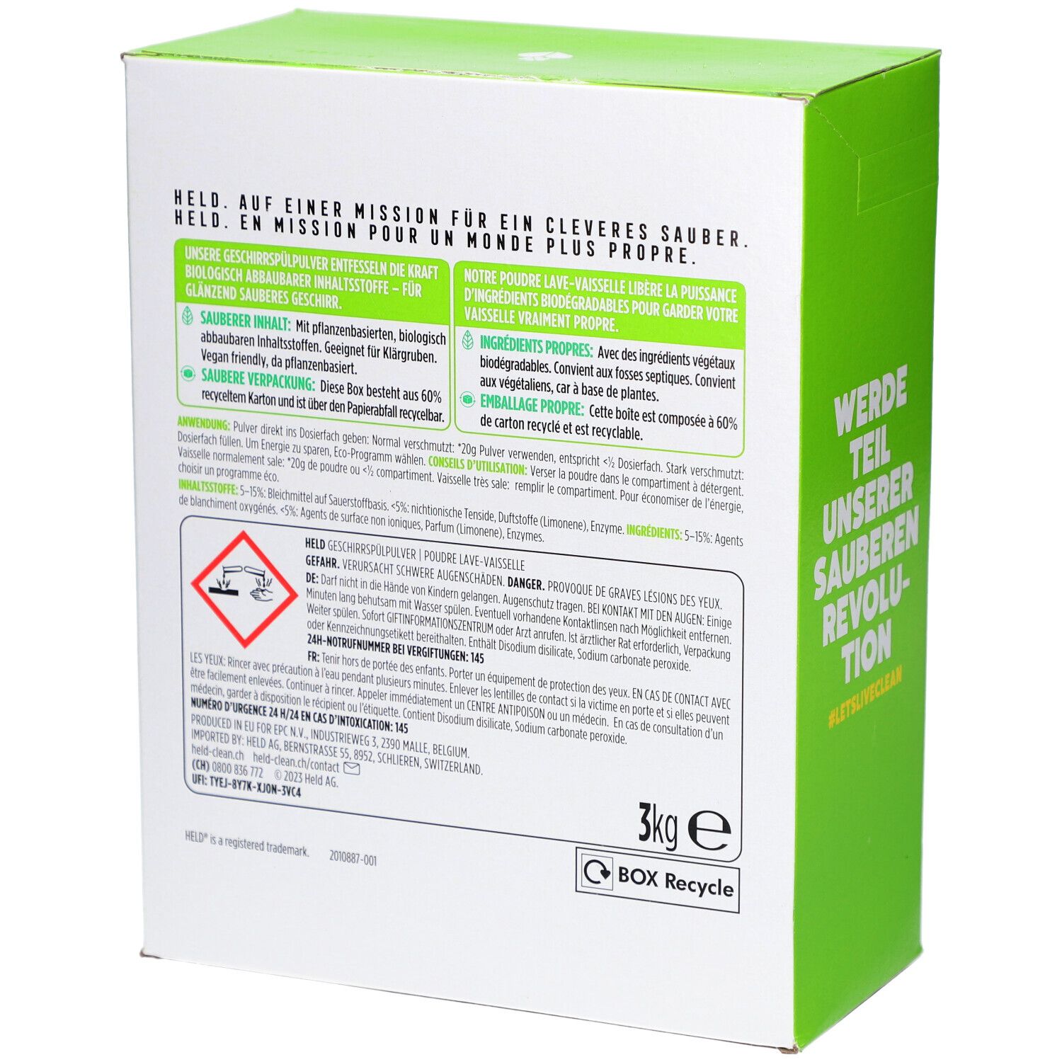 Dos de l'emballage en carton avec texte et avertissements. Contient 3kg de poudre. Symbole Box Recycle.