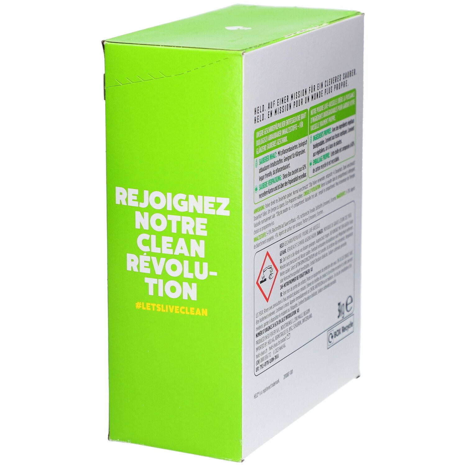 Emballage en carton avec texte "Rejoignez notre révolution propre". Contient 3kg de poudre. Symbole Box Recycle.