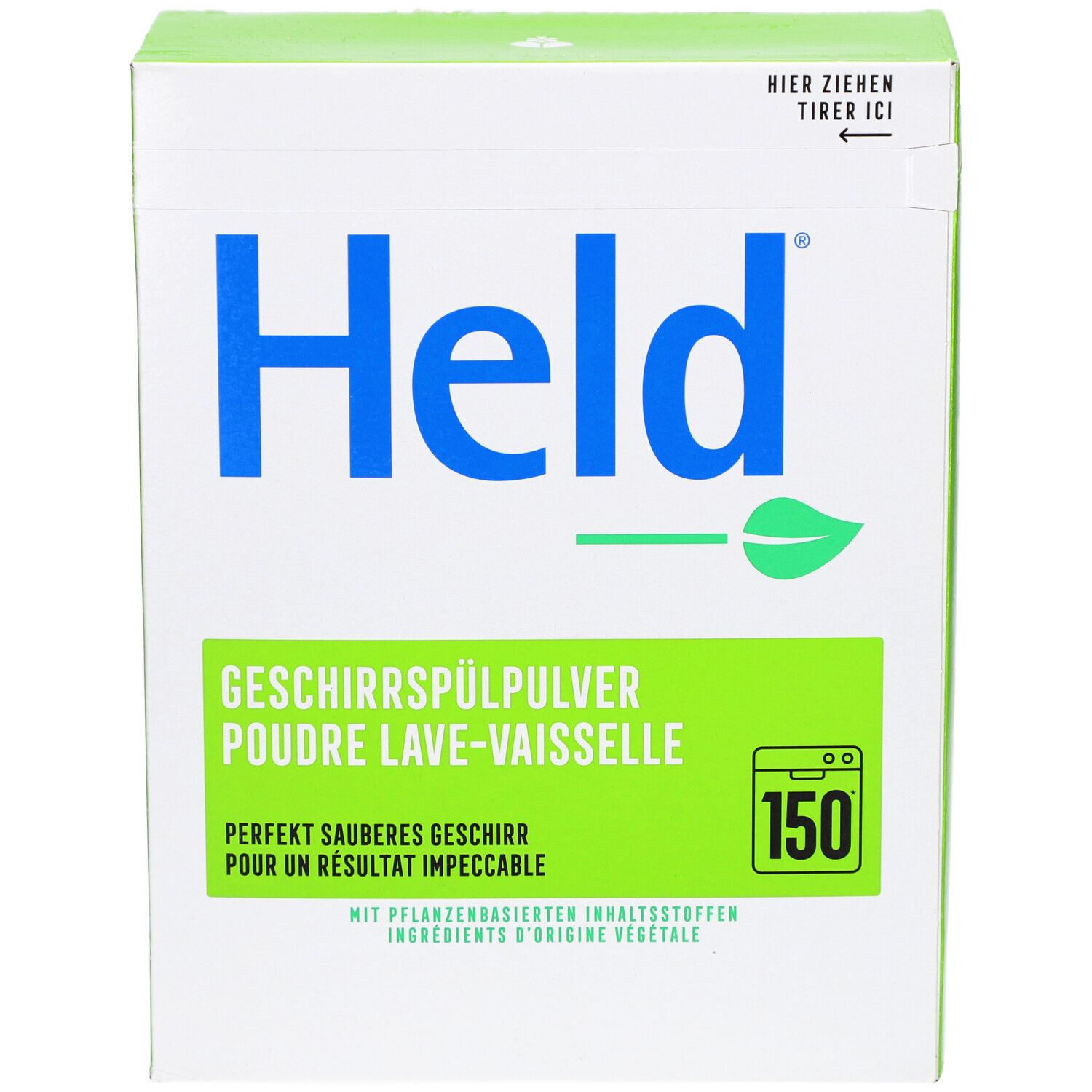 Boîte en carton blanche et verte avec le logo "Held" bleu et "Poudre lave-vaisselle". Contient 150 lavages.