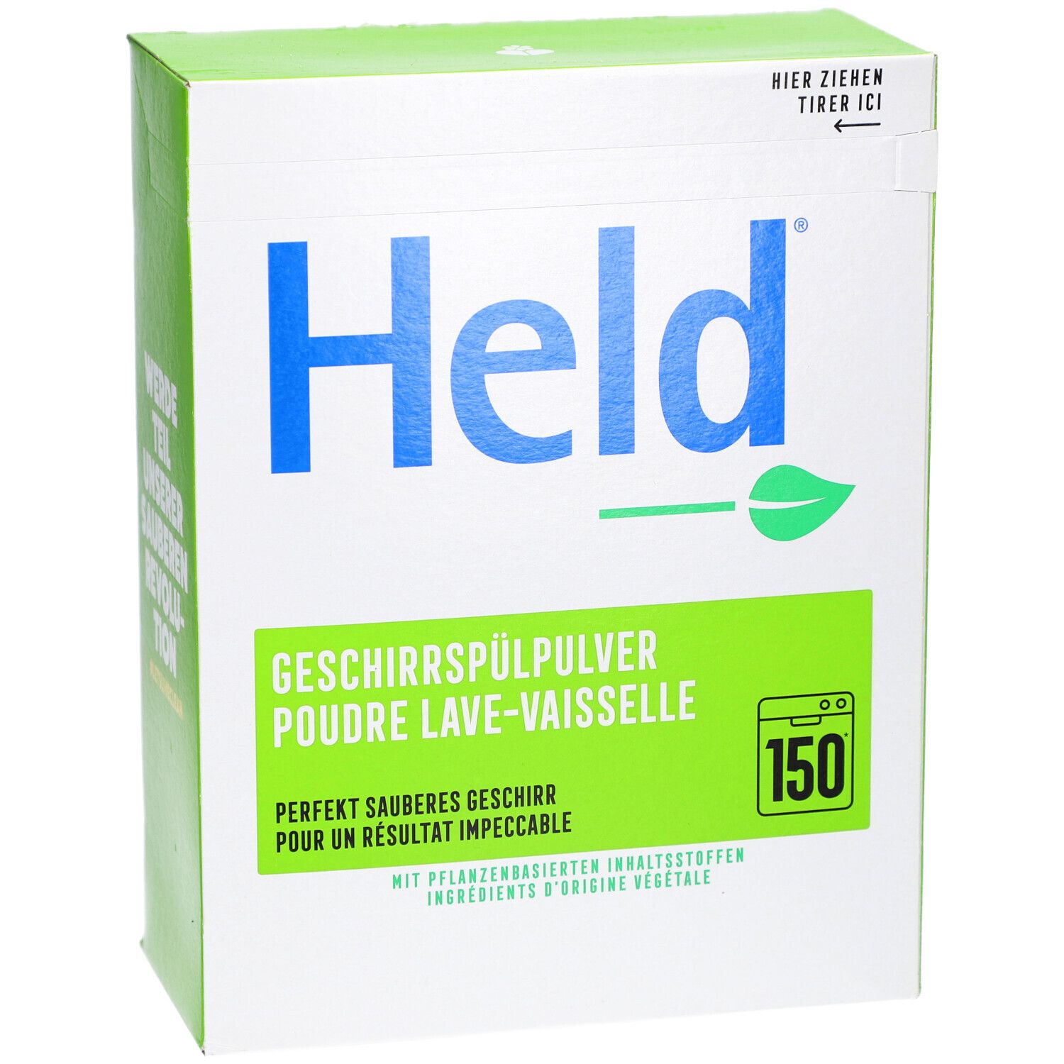 Boîte en carton blanche et verte avec le logo "Held" bleu et "Poudre lave-vaisselle". Contient 150 lavages.