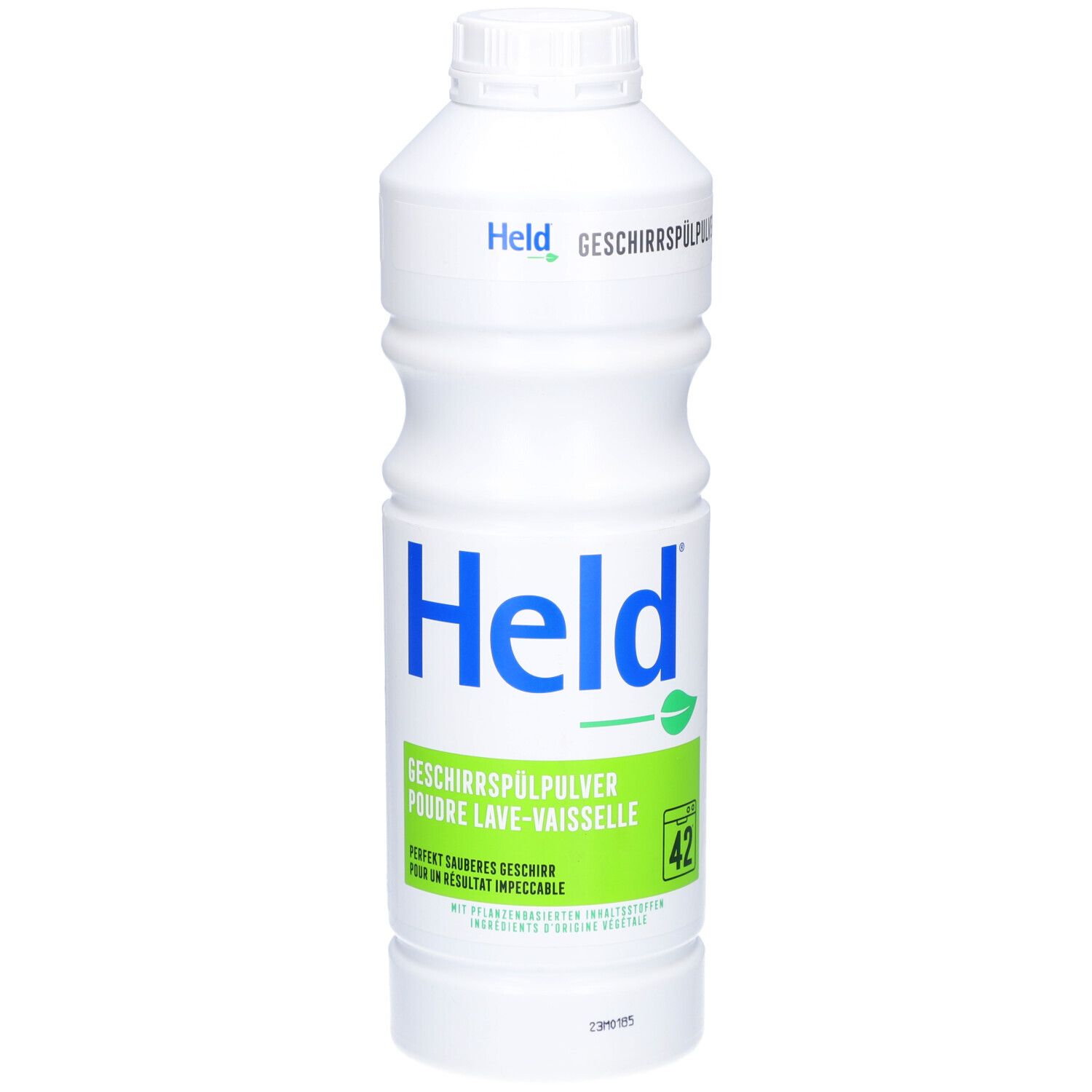 Poudre lave-vaisselle blanche en bouteille. Inscription: Held, Poudre lave-vaisselle. Étiquette verte avec '42'.
