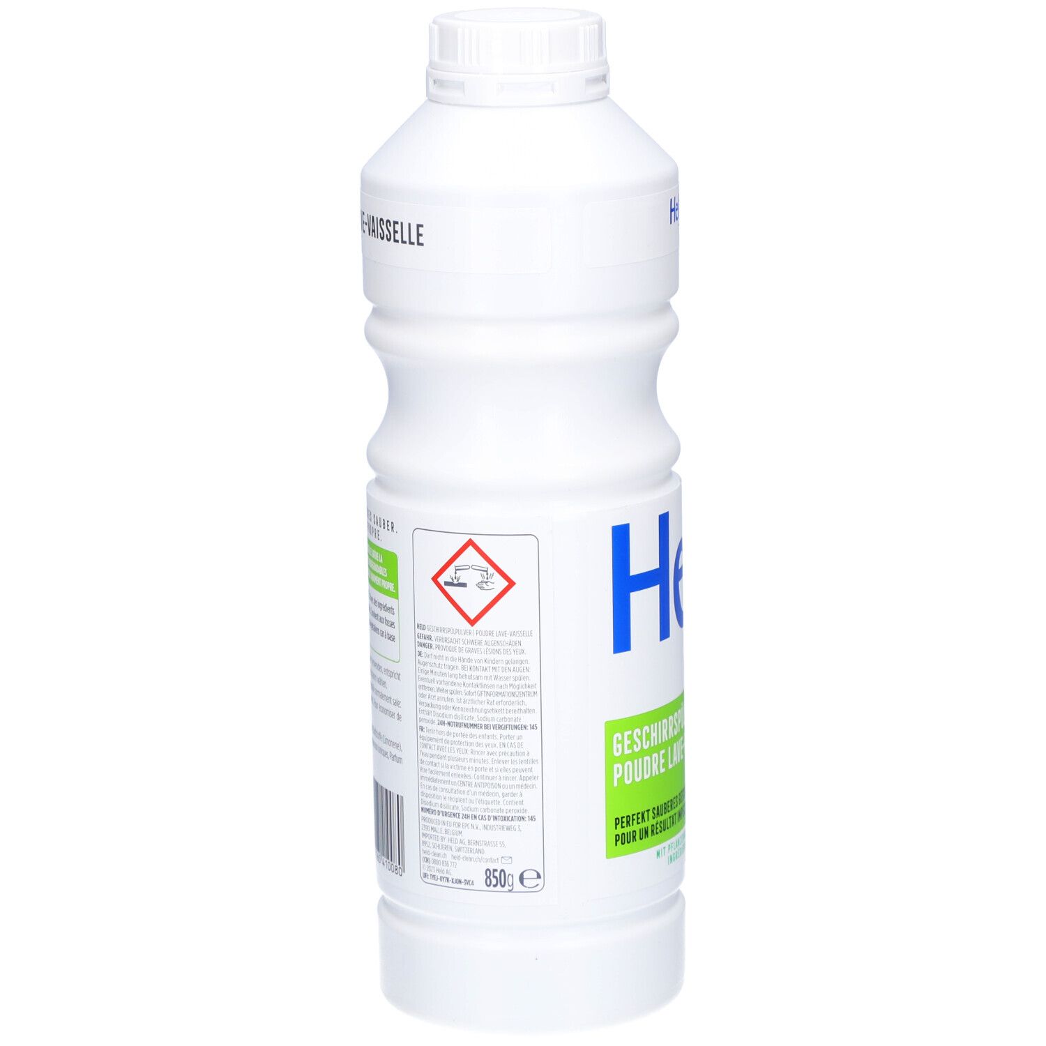Bouteille blanche de poudre lave-vaisselle. Dos avec texte et symboles de danger. Inscription: Held, Poudre lave-vaisselle, 850g.