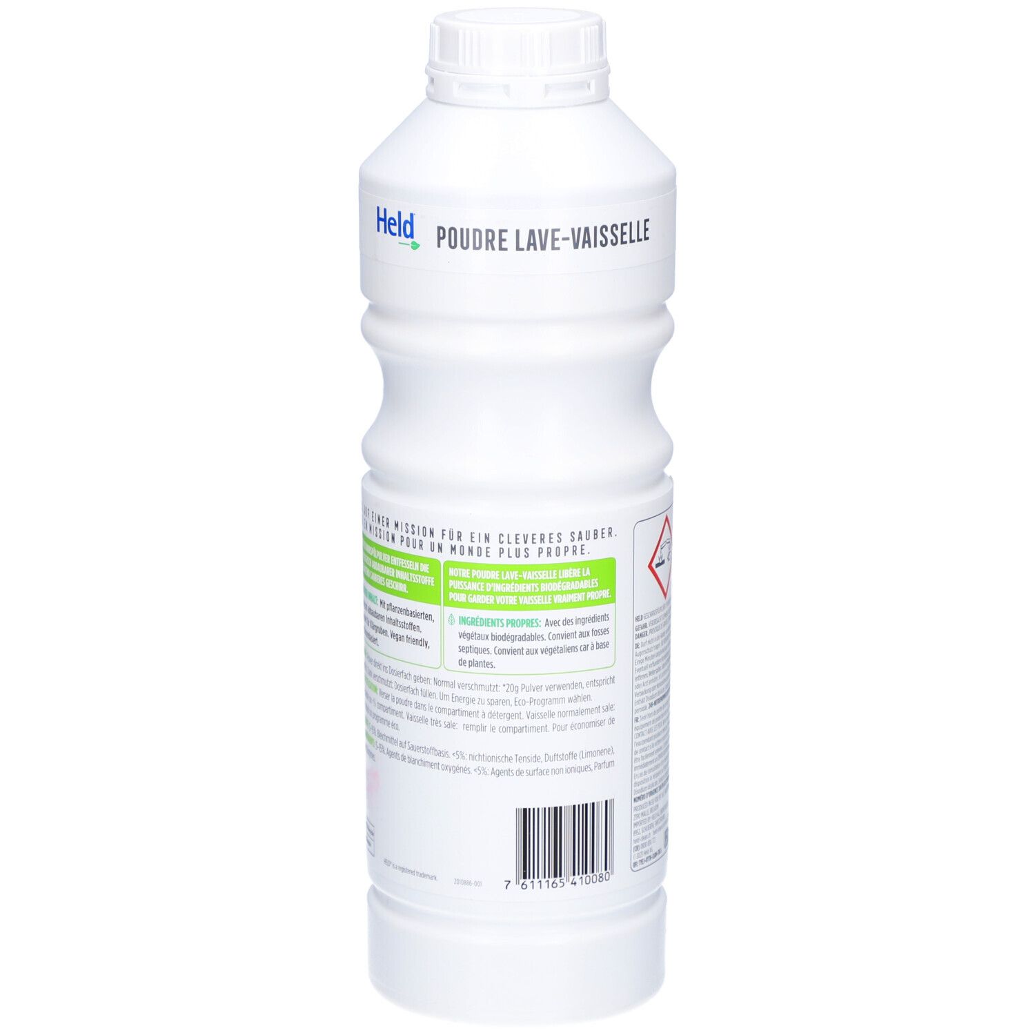 Bouteille blanche de poudre lave-vaisselle. Dos avec texte et code-barres. Inscription: Held, Poudre Lave-Vaisselle.