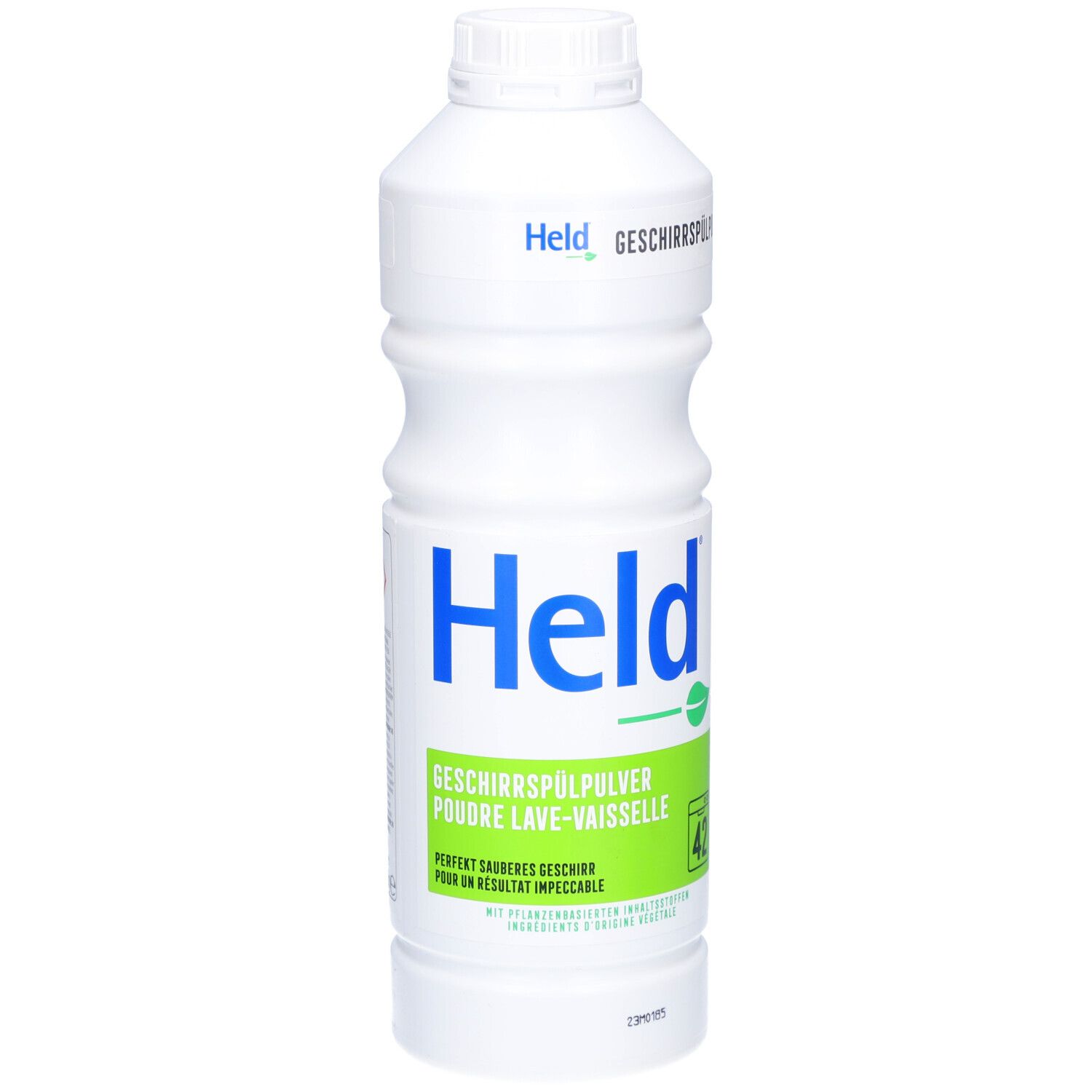 Bouteille blanche de poudre lave-vaisselle. Inscription: Held, Geschirrspülpulver. Étiquette verte avec '42'.