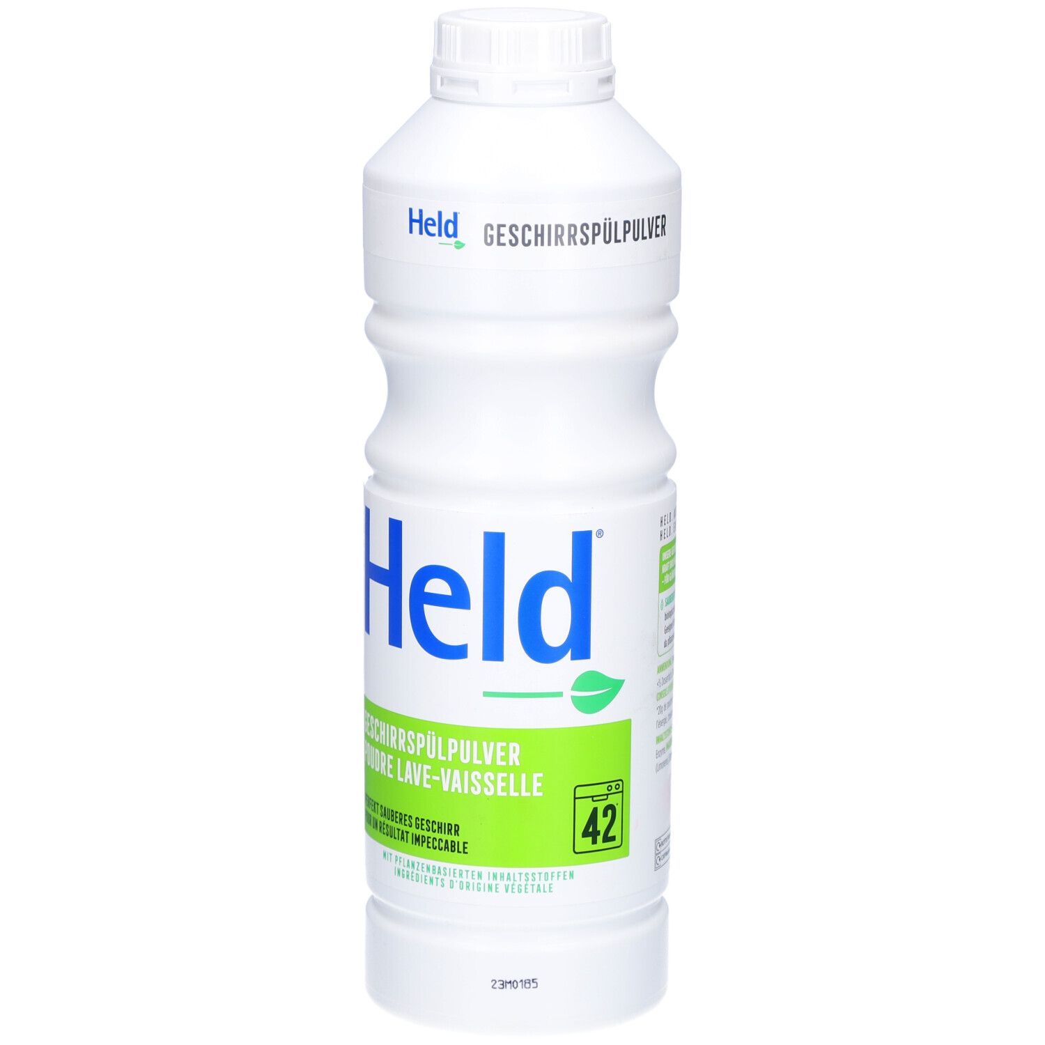 Bouteille blanche de poudre lave-vaisselle. Inscription: Held, Geschirrspülpulver. Étiquette verte avec '42'.