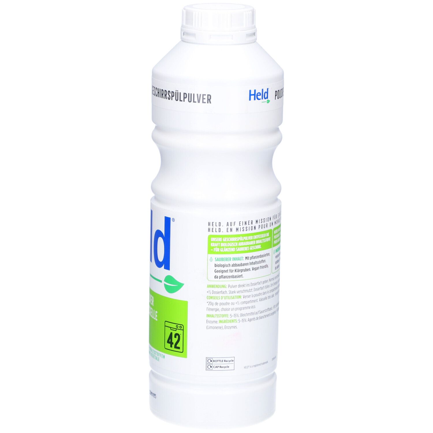 Bouteille blanche de poudre lave-vaisselle. Inscription: Held, Geschirrspülpulver. Étiquette verte avec '42'.