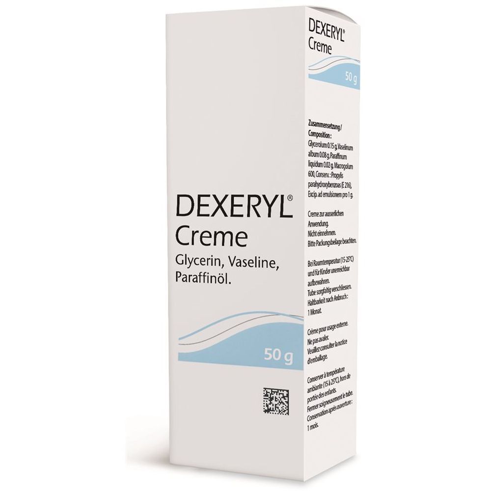 DEXERYL Creme, 50g Packung. Weiße Schachtel mit blauer Welle. Aufschrift: Glycerin, Vaseline, Paraffinöl.