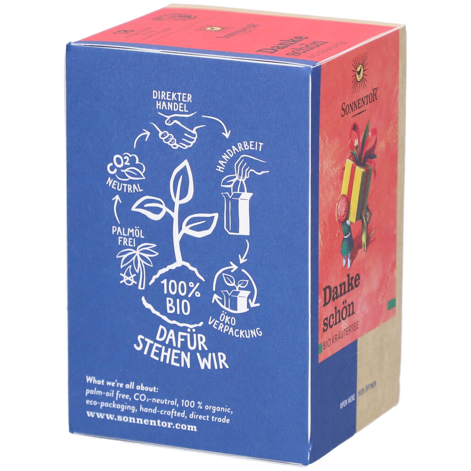 Côté bleu de la boîte de thé. Impression : 100% BIO, sans huile de palme, neutre en CO2, emballage écologique, commerce direct, artisanat.