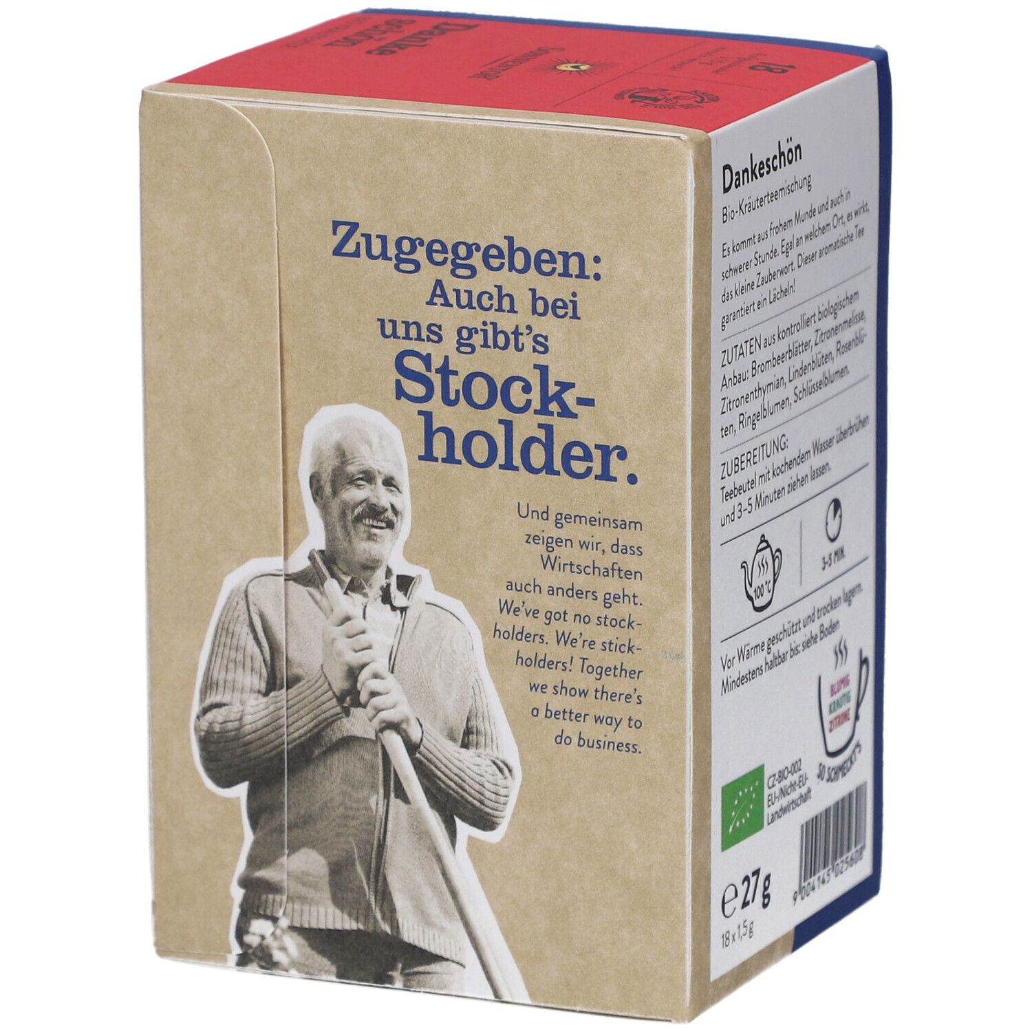 Côté de la boîte de thé avec texte. Inscription : Zuggeben: Auch bei uns gibt's Stockholder. Illustration : homme avec bêche. Logo : label bio UE.