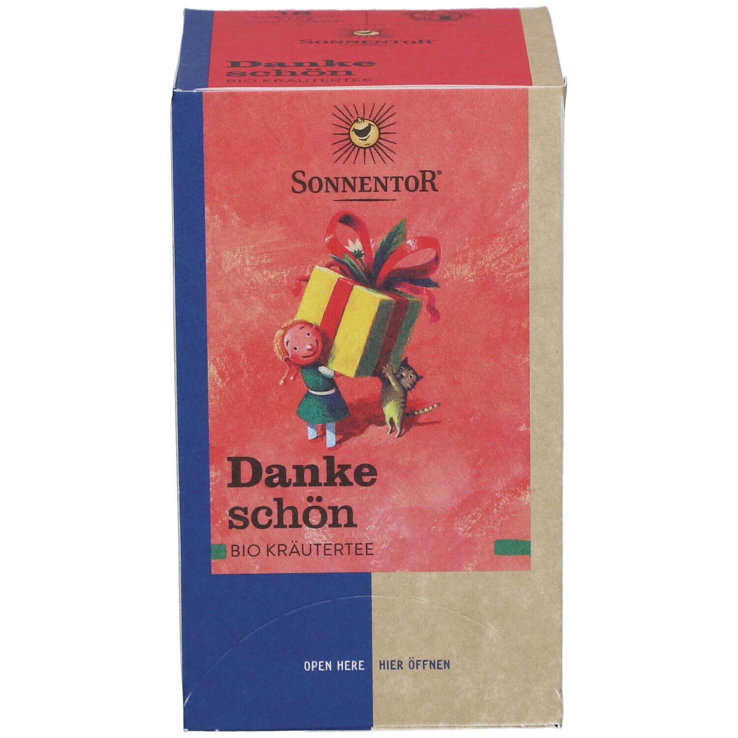 Boîte de thé. Inscription : SONNENTOR, Danke schön BIO Kräutertee. Illustration : cadeau avec ruban, enfant et chat. Logo : soleil.