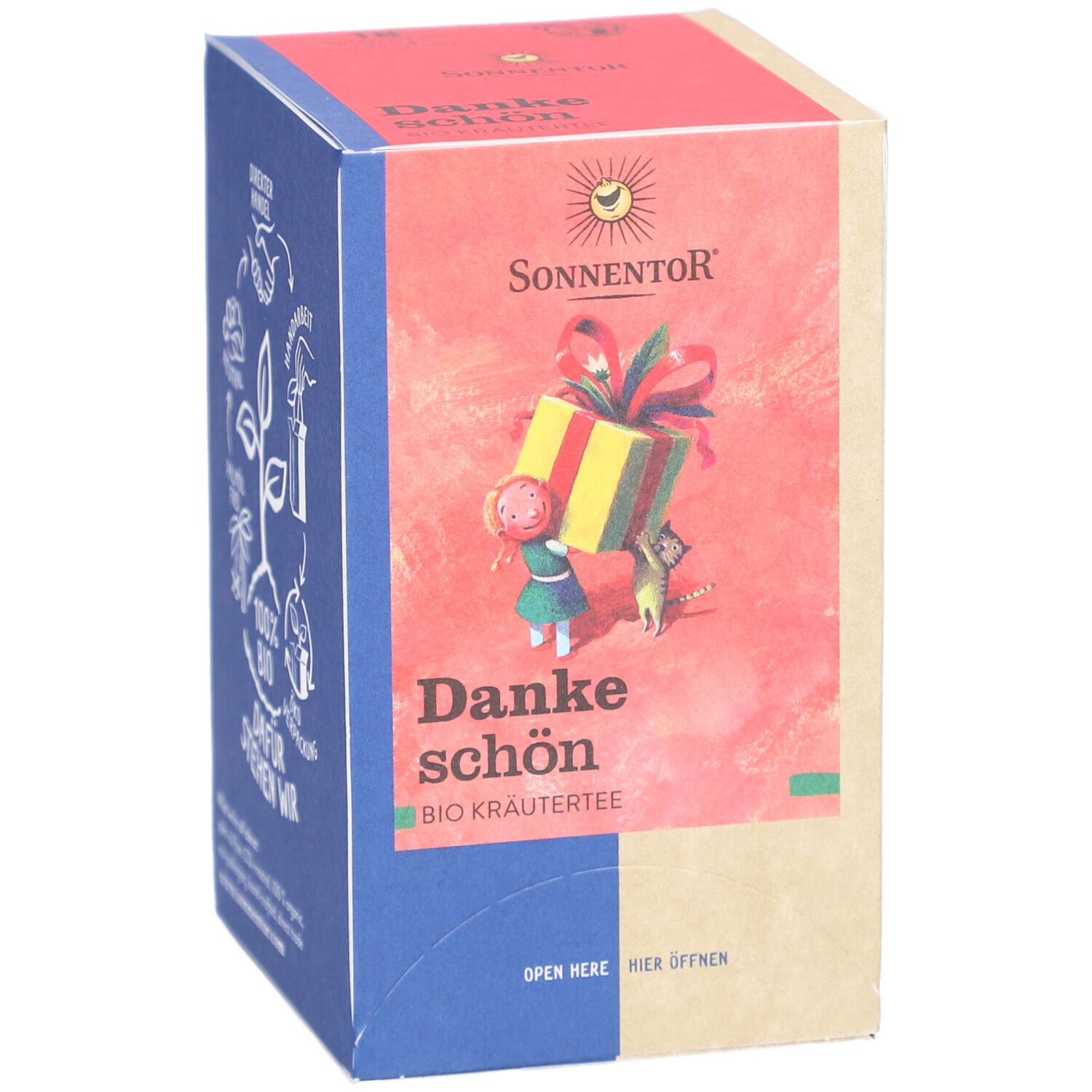 Boîte de thé. Inscription : SONNENTOR, Danke schön BIO Kräutertee. Illustration : cadeau avec ruban, enfant et chat. Logo : soleil.