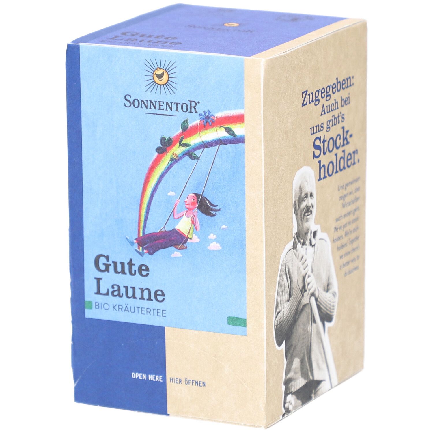 Boîte de thé SONNENTOR. Inscription : Gute Laune, tisane bio. Enfant sur balançoire arc-en-ciel. Logo et texte en allemand.