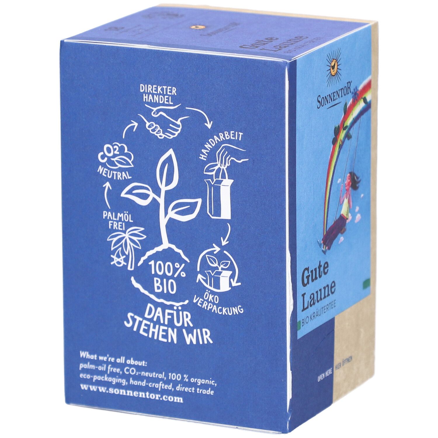 Dos de la boîte de thé SONNENTOR. Inscription : 100% Bio, emballage écologique, sans huile de palme. Texte et logos en allemand.