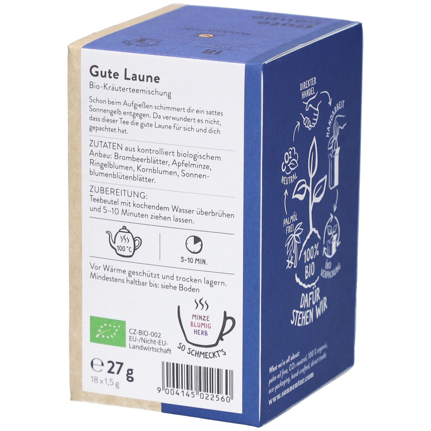 Boîte de thé SONNENTOR. Inscription : Gute Laune, mélange de tisanes bio. Ingrédients, préparation, durée de conservation. Label bio UE.