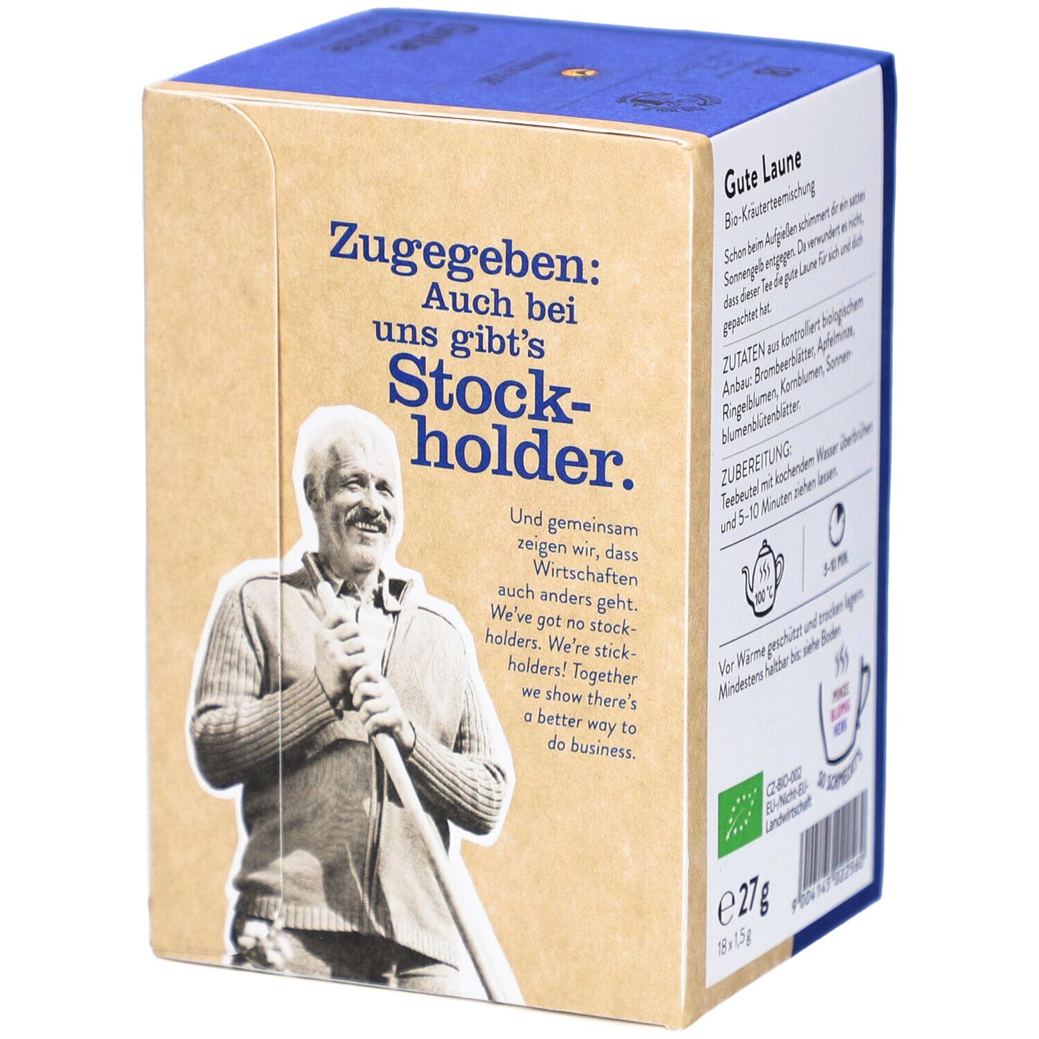 Côté de la boîte de thé SONNENTOR. Inscription : citations, homme avec une bêche. Texte en allemand. Label bio UE.