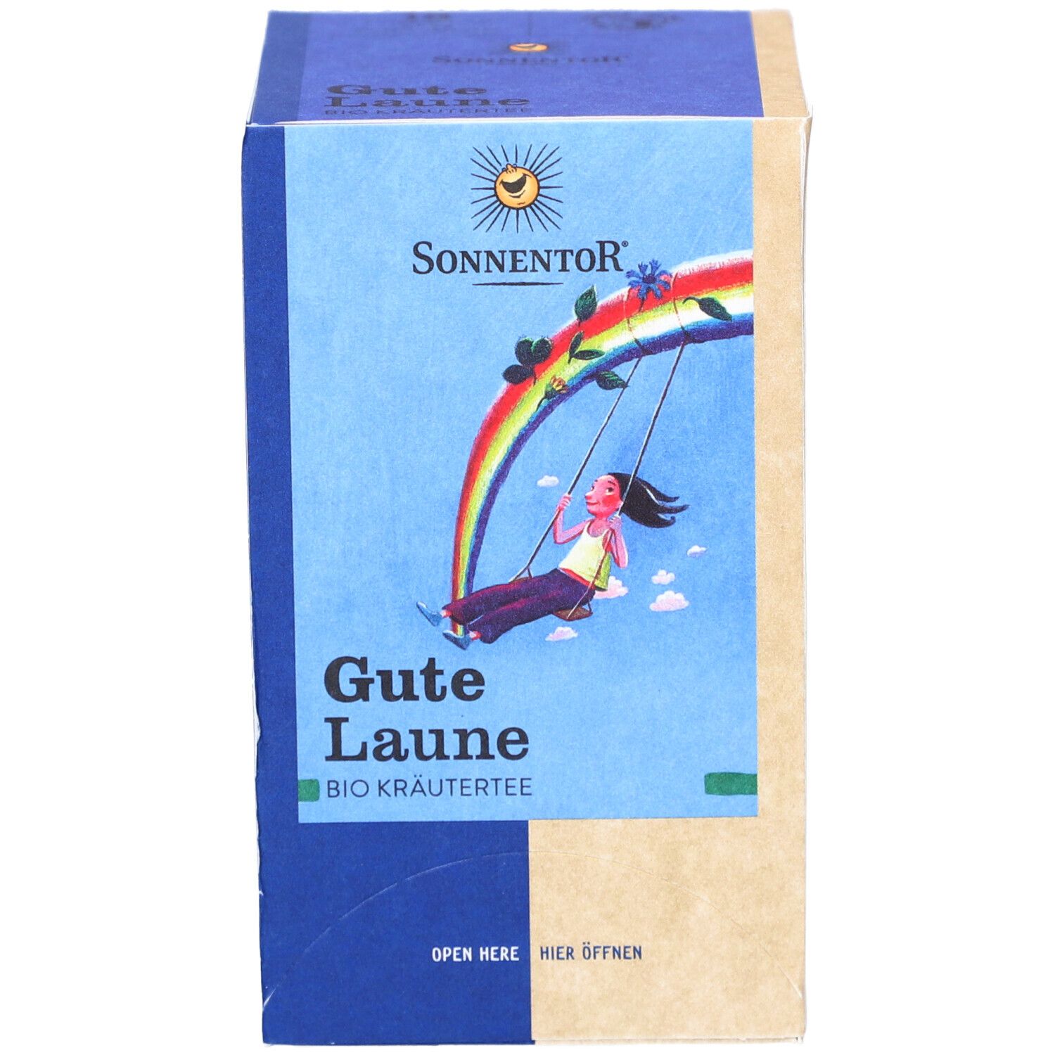 Boîte de thé SONNENTOR. Inscription : Gute Laune, tisane bio. Enfant sur balançoire arc-en-ciel. Logo et texte en allemand.
