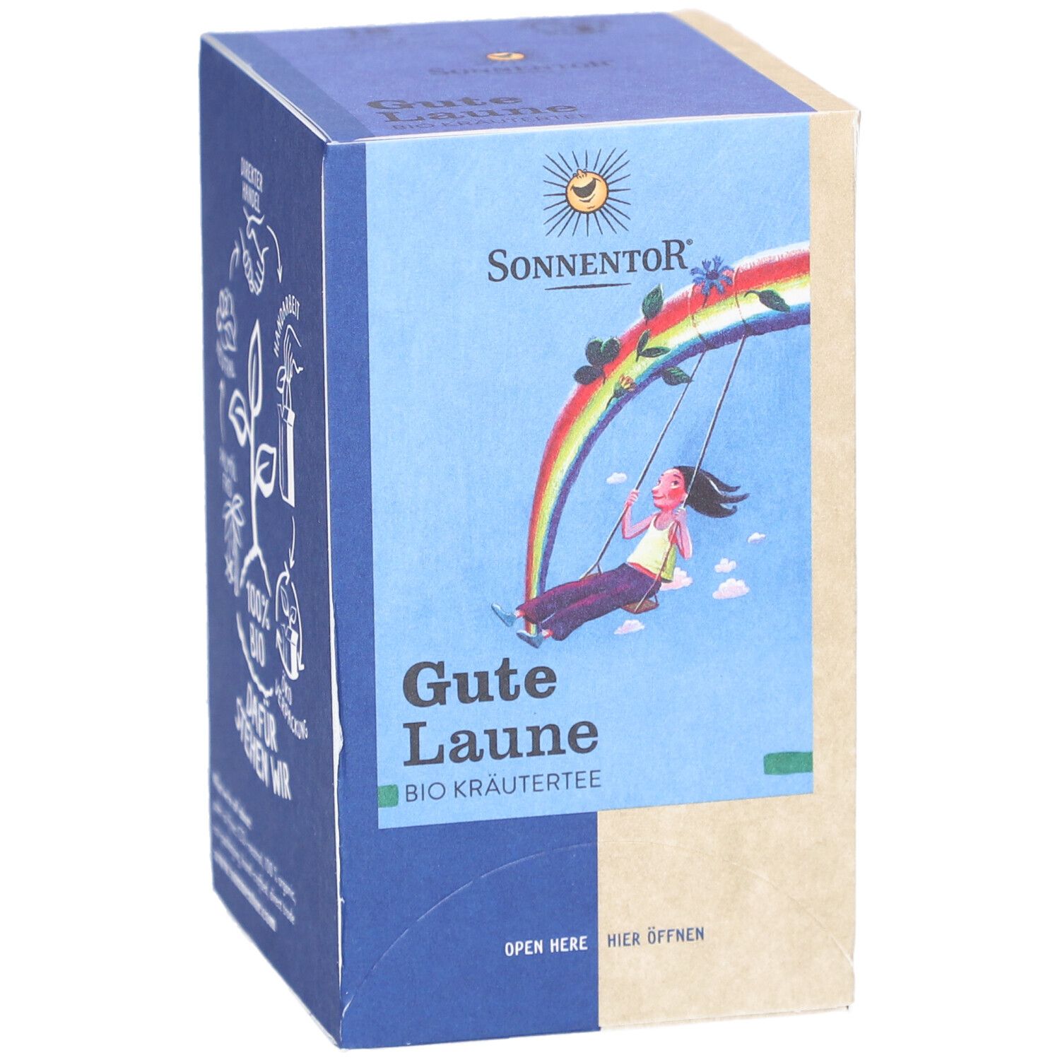 Boîte de thé SONNENTOR. Inscription : Gute Laune, tisane bio. Enfant sur balançoire arc-en-ciel. Logo et texte en allemand.