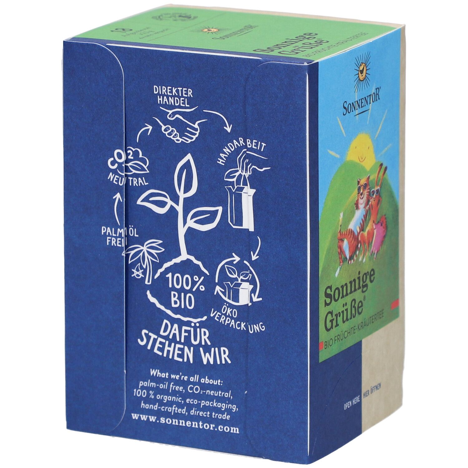 Boîte de thé SONNENTOR. Côté bleu avec logos : neutre en CO2, sans huile de palme, 100% bio, emballage écologique, fait à la main, commerce direct.