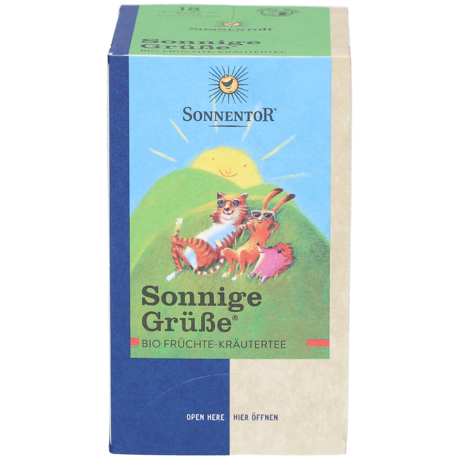 Boîte de thé SONNENTOR. Inscription : Sonnige Grüße, Bio Früchte Kräutertee. Illustration : chat, lapin, soleil. Logo : SONNENTOR.