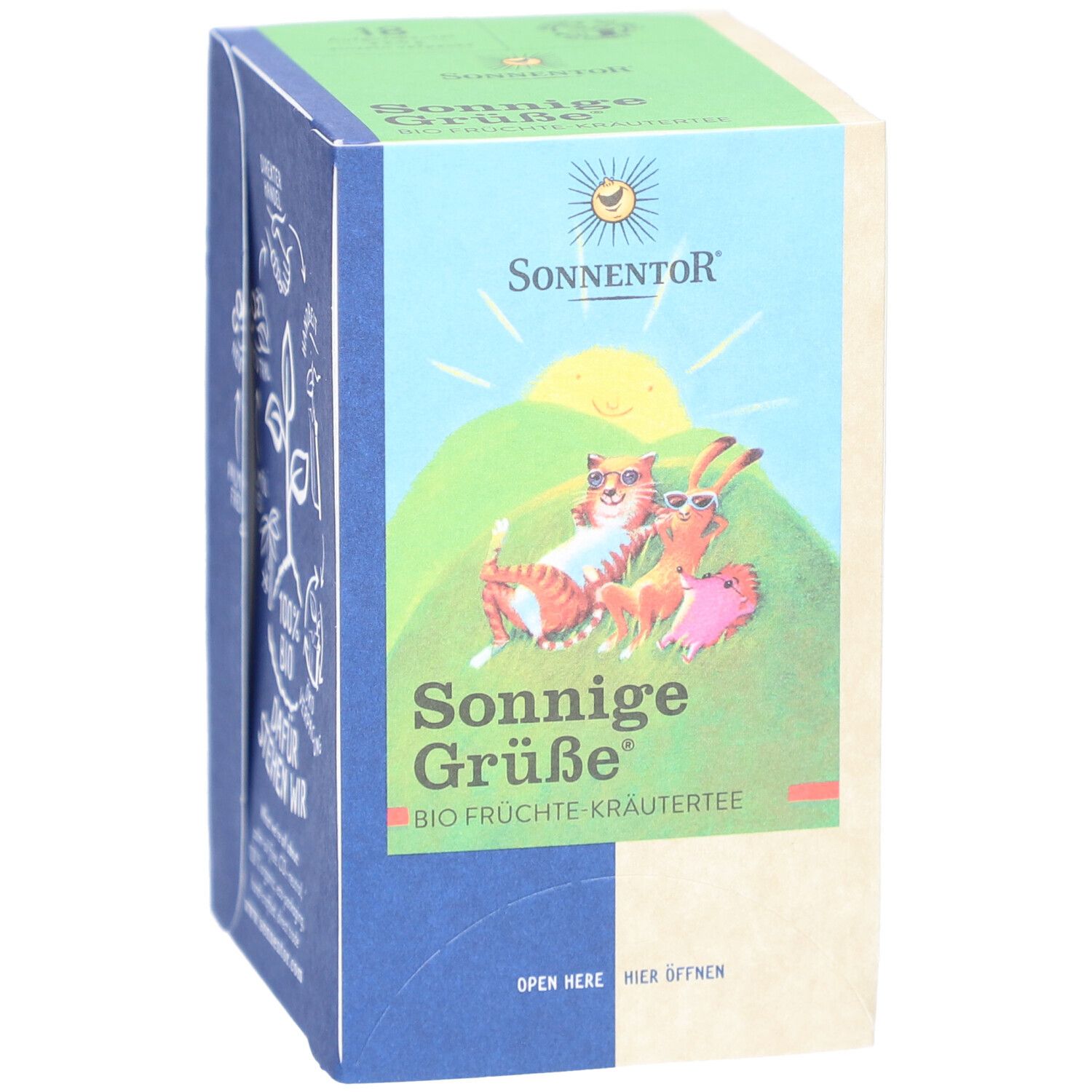 Boîte de thé SONNENTOR. Inscription : Sonnige Grüße, Bio Früchte Kräutertee. Illustration : chat, lapin, soleil. Logo : SONNENTOR.