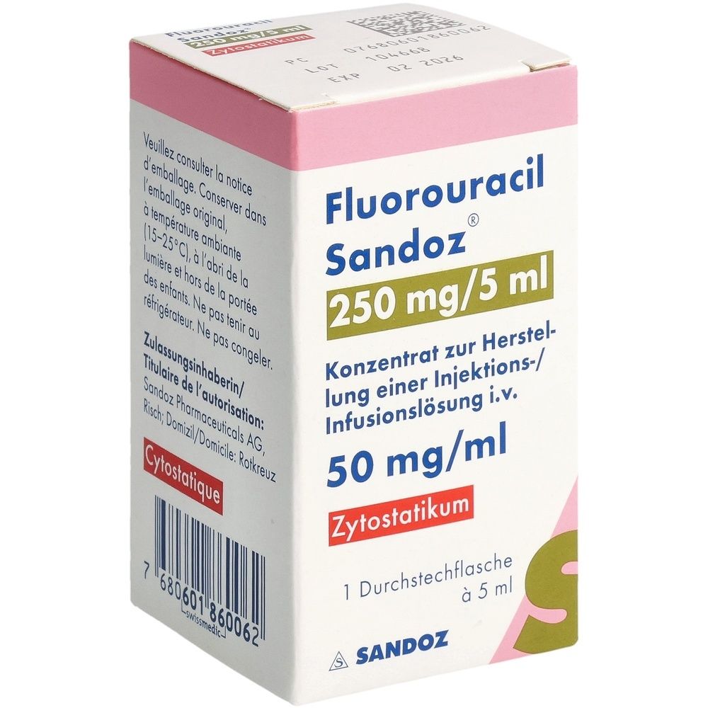 Karton mit Aufschrift Fluorouracil Sandoz 250 mg/5 ml. Enthält 1 Durchstechflasche. Rosa und weißes Design mit Text.