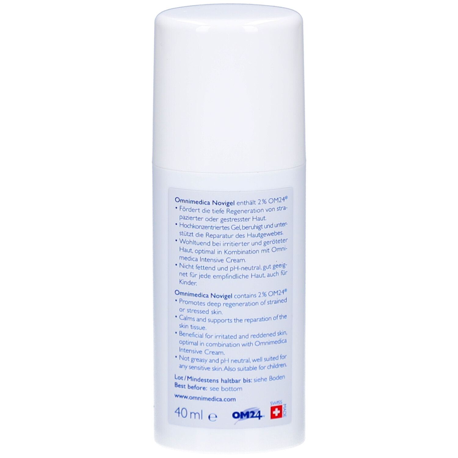 Rückseite der weißen Flasche. Textinformationen: Omnimedica Novigel enthält 2% OM24. 40 ml. OM24-Logo. Swiss Made.